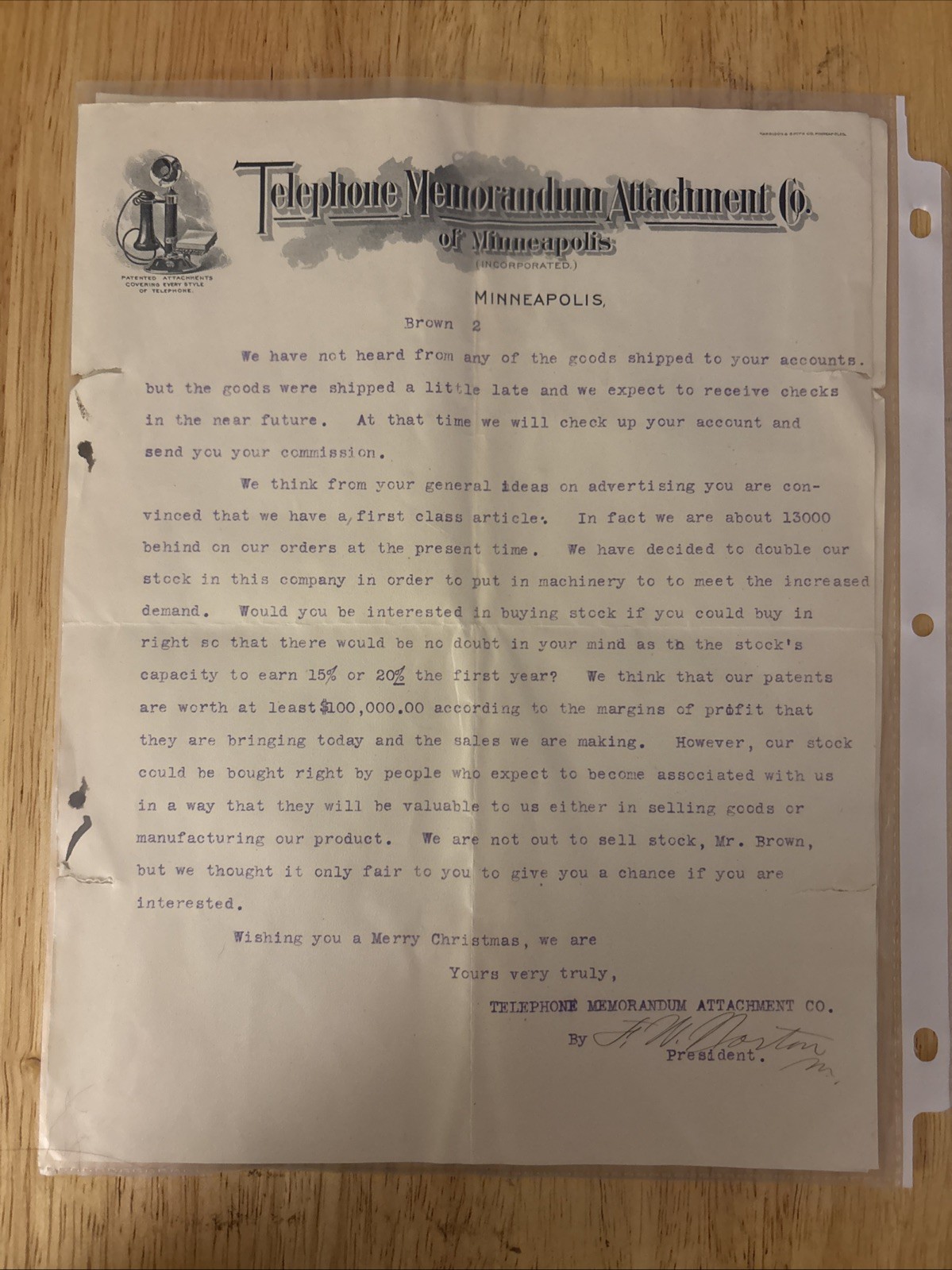 Antique letter Telephone Memorandum Attachment Co of Minneapolis Minnesota 1906