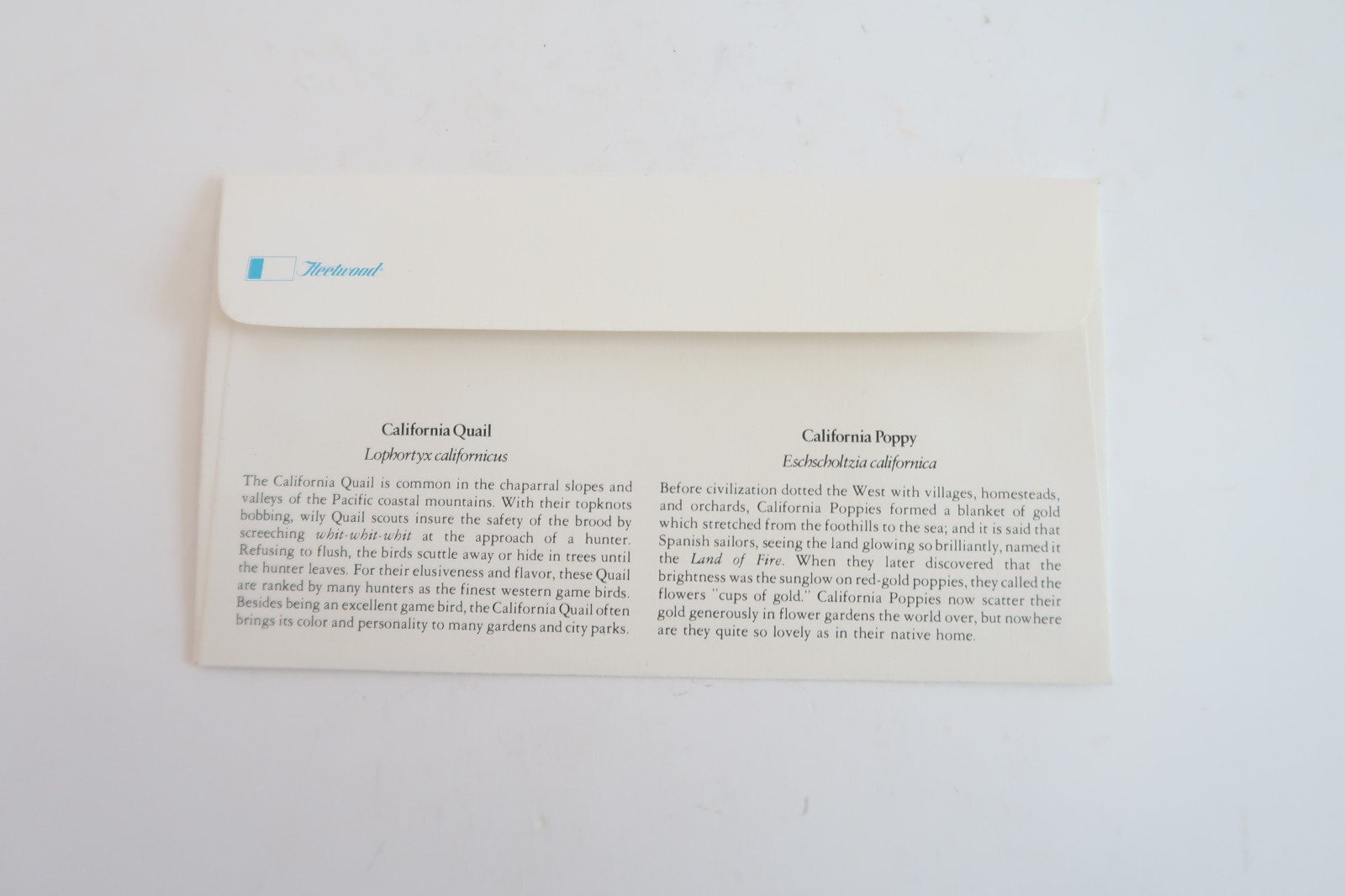 California Quail & Poppy First Day of Issue 1982 Envelope Only Item