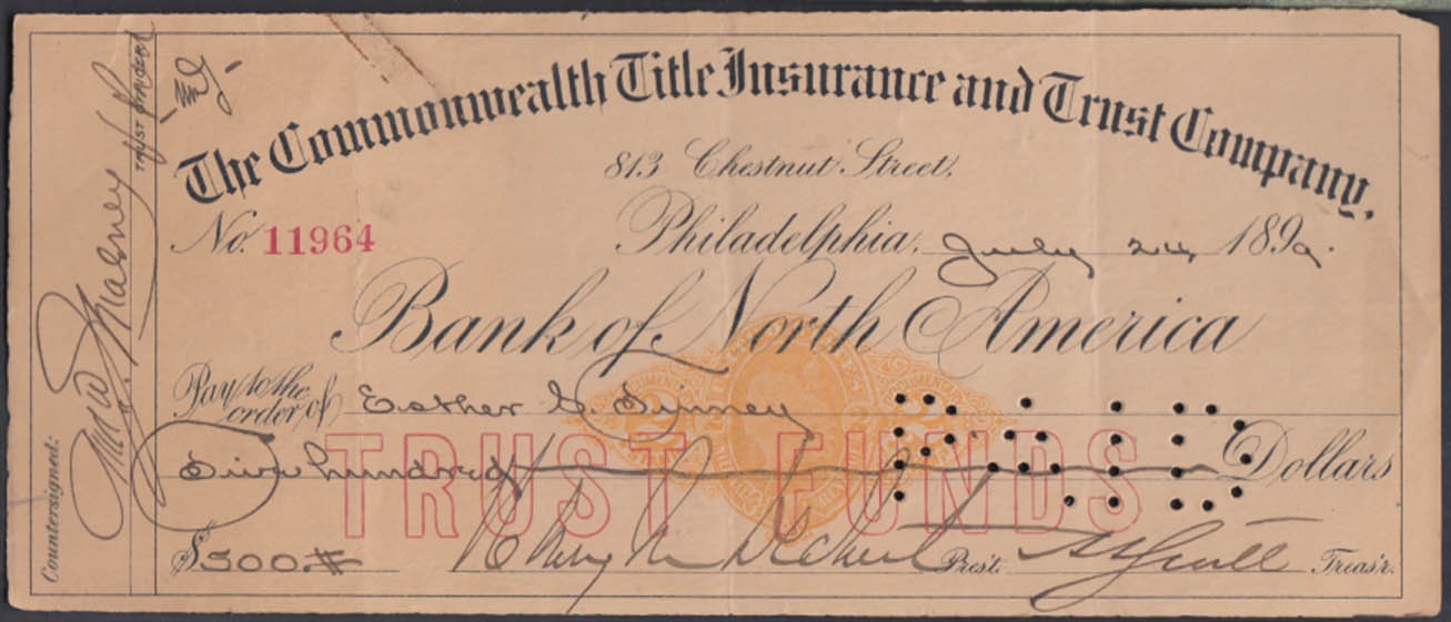 Commonwealth Title Insurance Philadelphia $500 cancelled check 1899