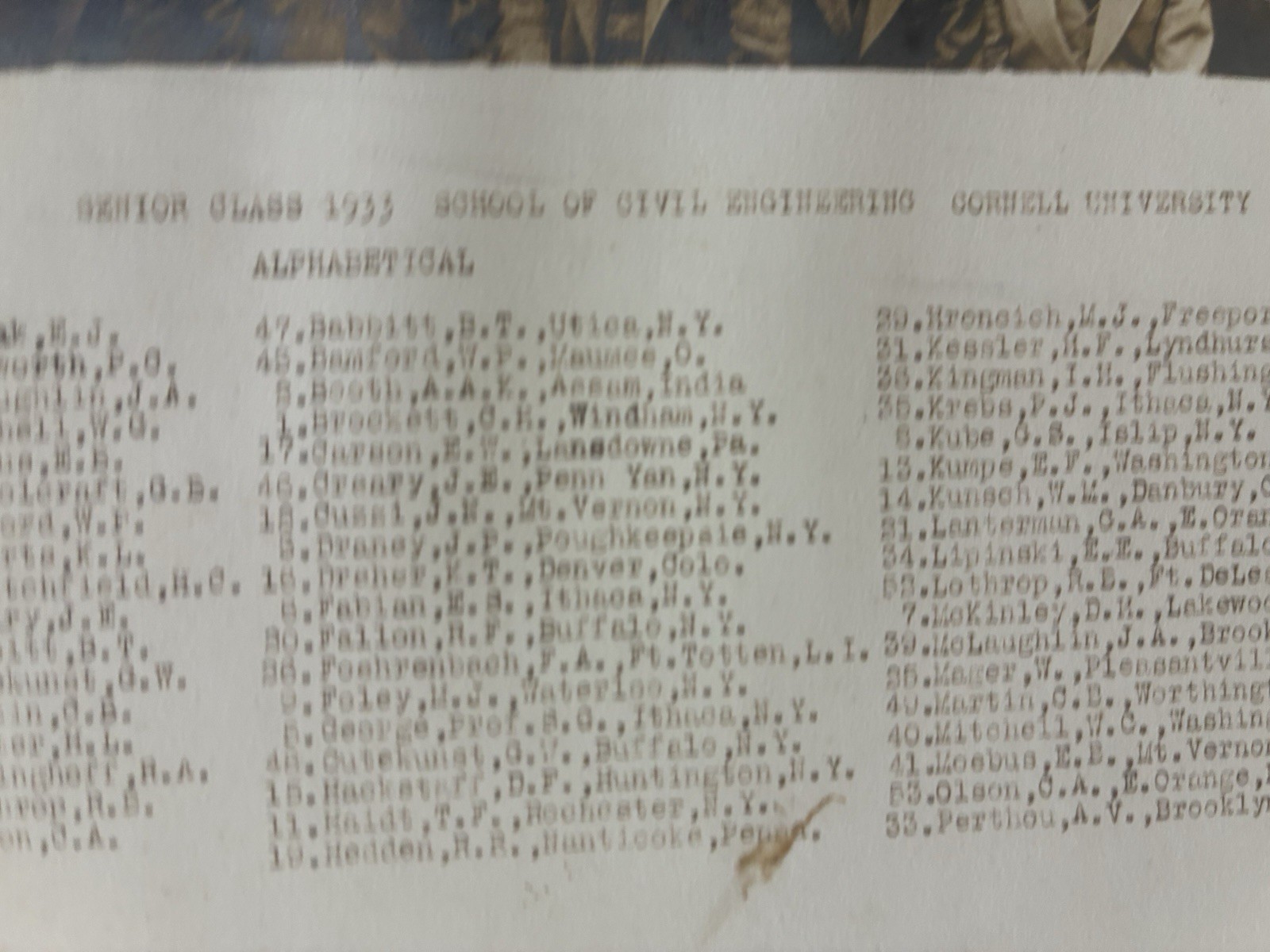 VTG 1933 Senior Class Cornell University School of Civil Engineering Paper Photo