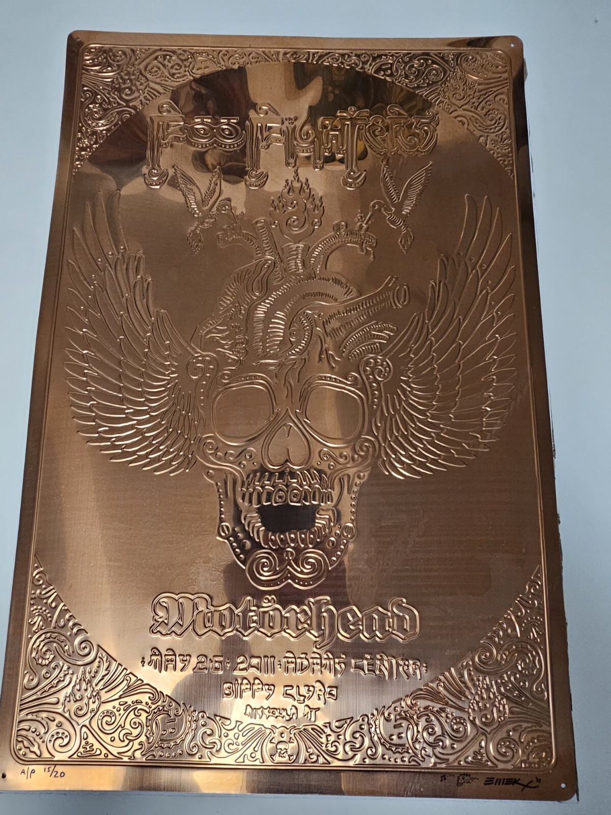 EMEK Metal Foo Fighters & Motorhead Missoula MO 2011 Copper Sheet Poster Signed