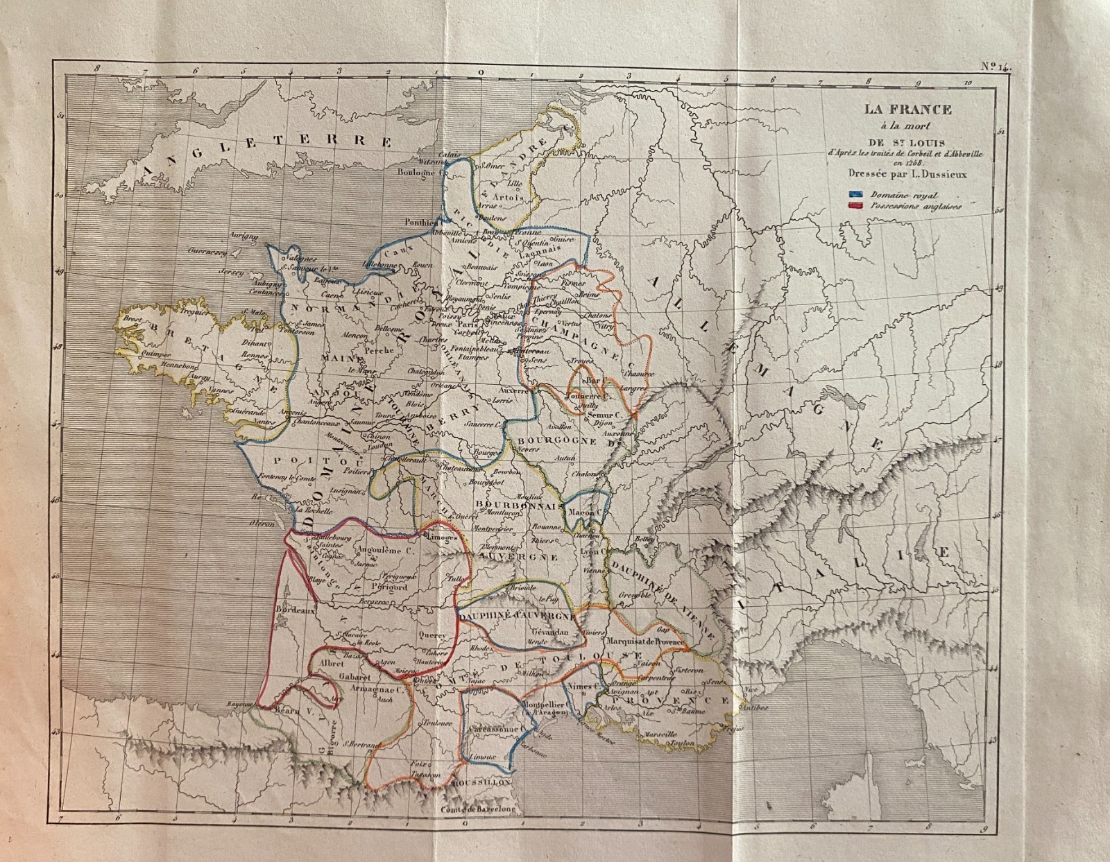 Engraving France 1840 “Map Of France At The Death Of St Louis 1258”