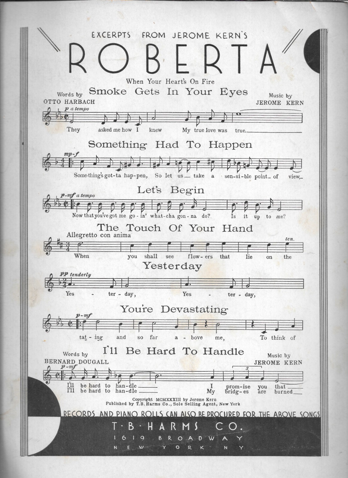 1933 When Your Heart’s On Fire SMOKE GETS IN YOUR EYES Sheet Music ROBERTA