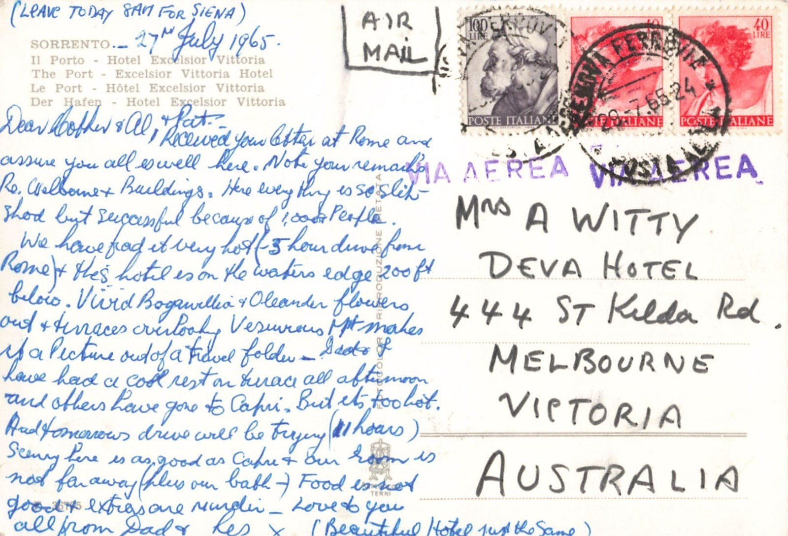 Postcard Italy the Port Hotel Excelsior Vittoria Circa 1965