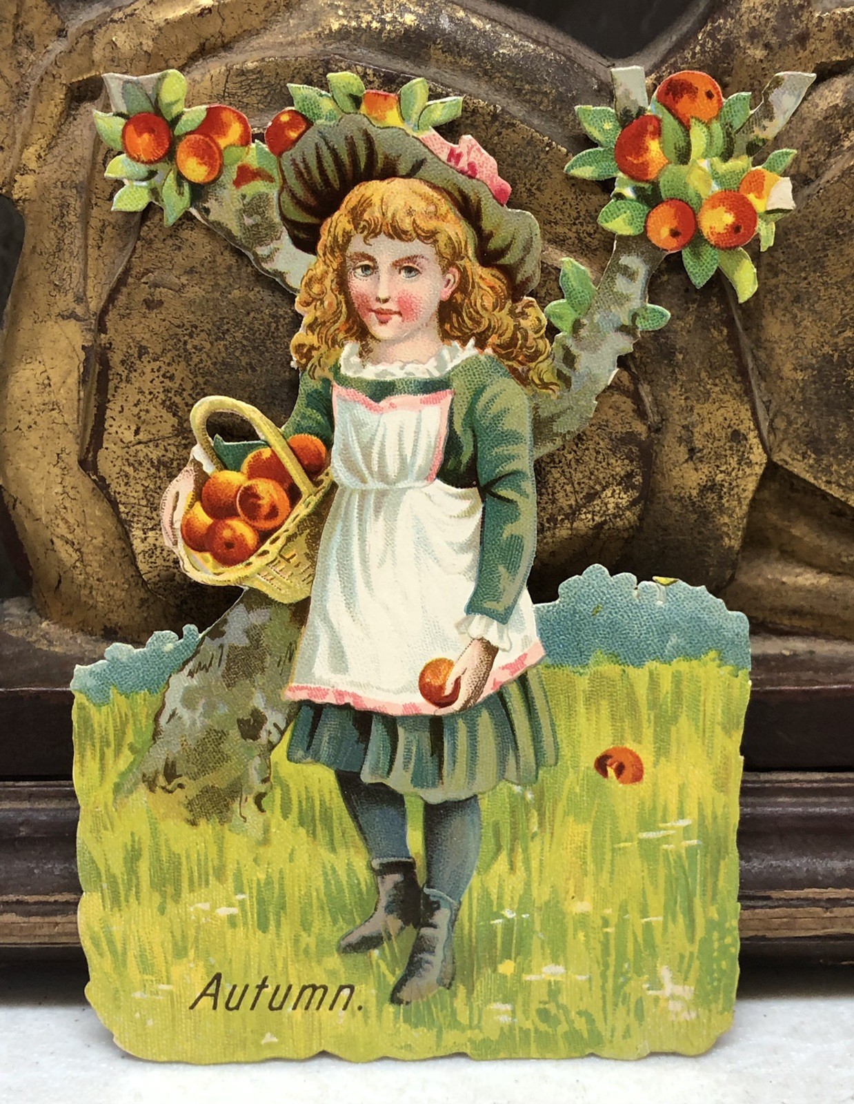 AUTUMN Girl w/ Basket of Fruit Die Cut Victorian Scrap – L4