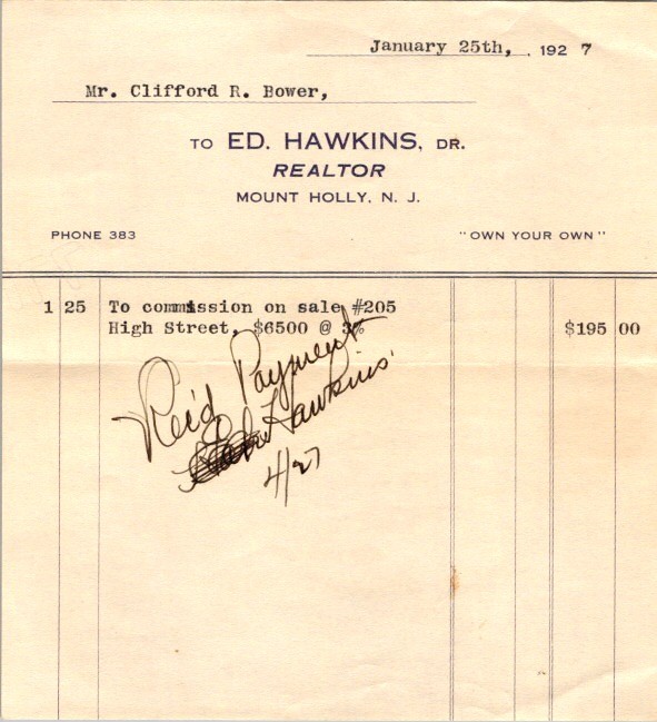 1927 Ed Hawkins Realtor Commission Receipt Mount Holly NJ Burlington County