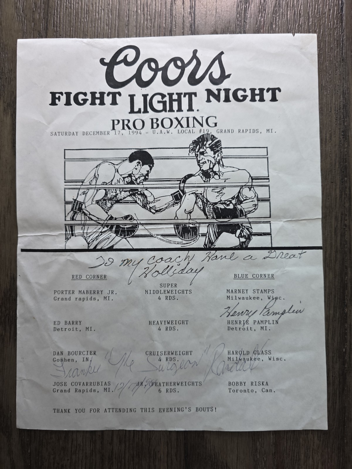 1994 Coors Fight Night Boxing Grand Rapids MI Frankie The Surgeon Randall Signed