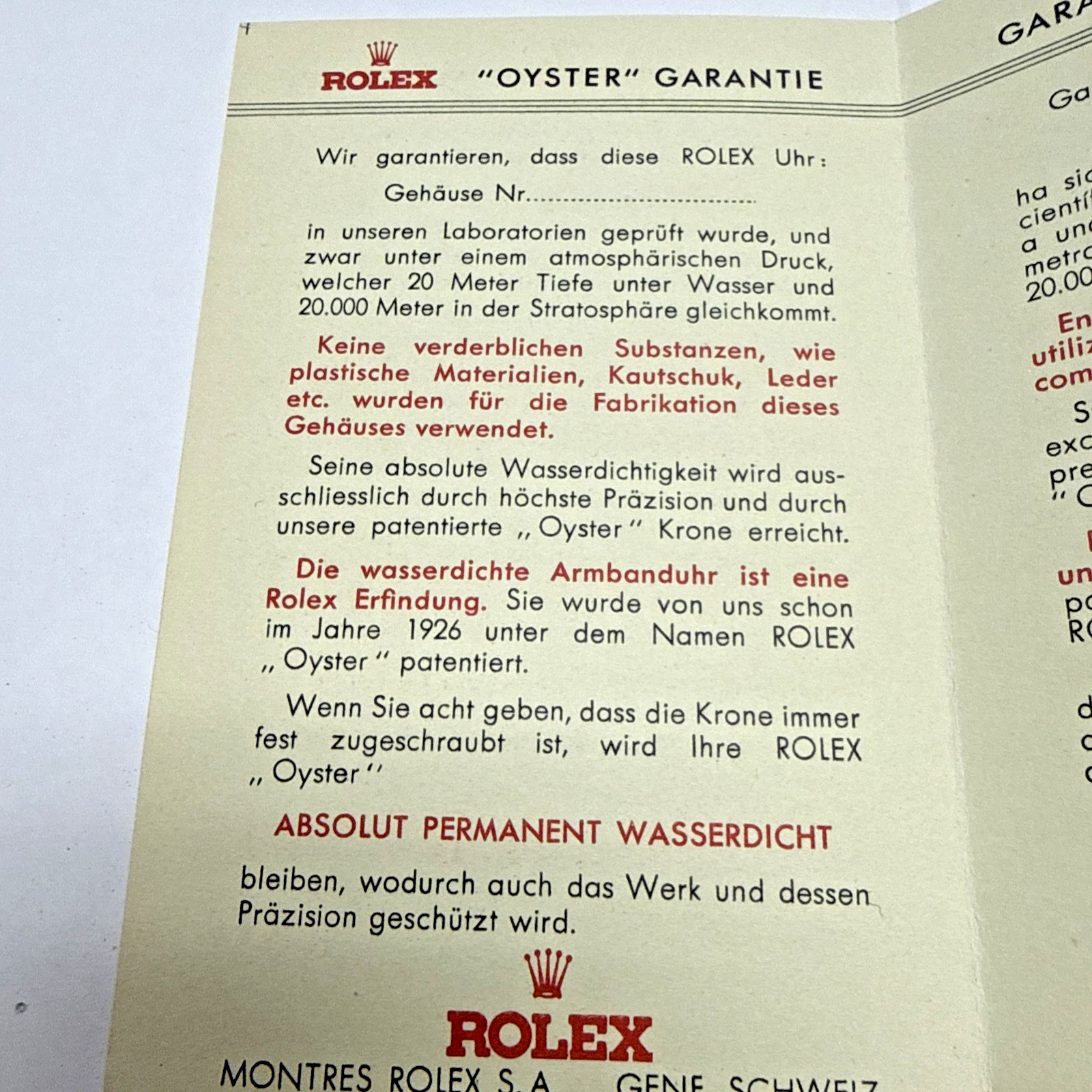 Rolex Vintage 1946 “Oyster Guarantee” Rare Blank Certificate In 4 Languages