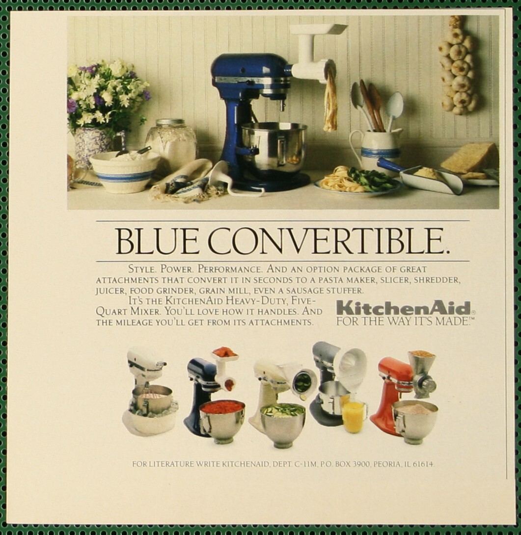 KitchenAid Blue Convertible Mixer Juicer Slicer Grinder Vintage Print Ad 1989