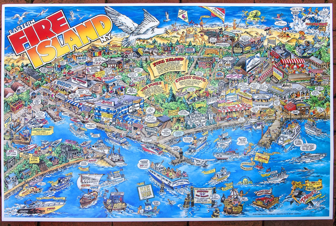 FIRE ISLAND EAST – CHERRY GROVE / PINES Long Island Illustrated Cartoon Map 1994