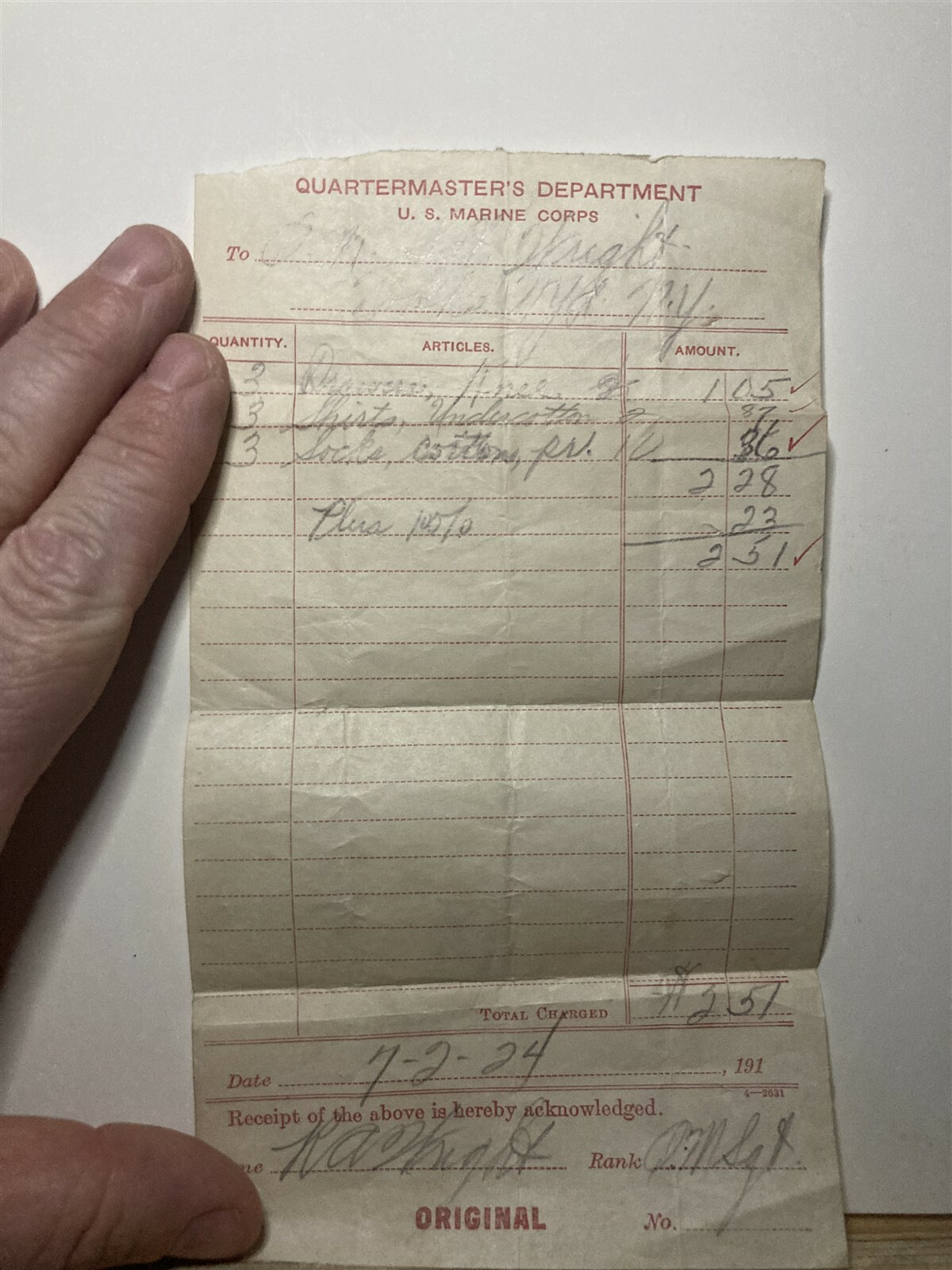 1924 United States Marine Corps Quartermasters Department Uniform Receipt USMC