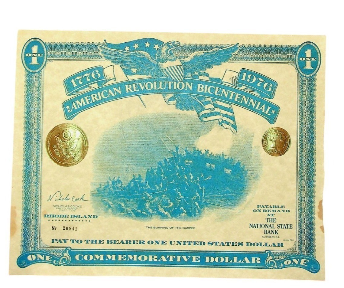2-American Revolution Bicentennial Commemorative $1 Note 1976 Rhode Island State