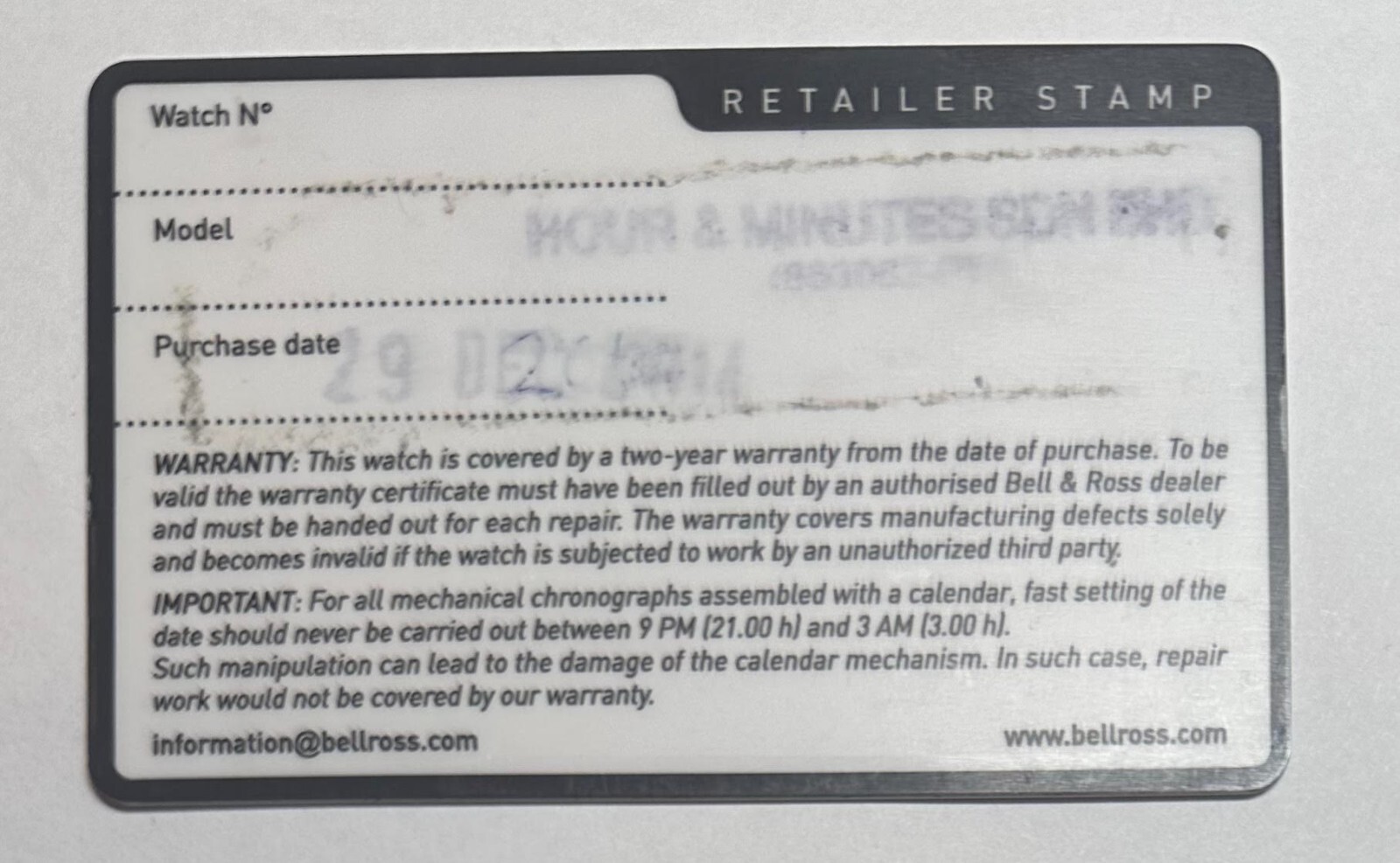 Genuine Bell & Ross Black Guarantee Warranty Card with Retailer Stamp & Date