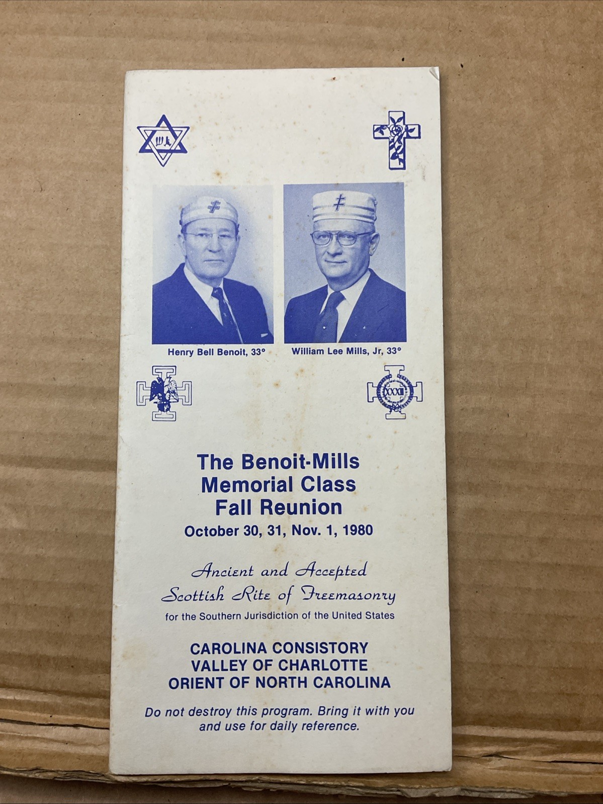 30 Oct-1 Nov 1980 Benoit-mills Memorial Class Fall Reunion Freemasonry Nc B73