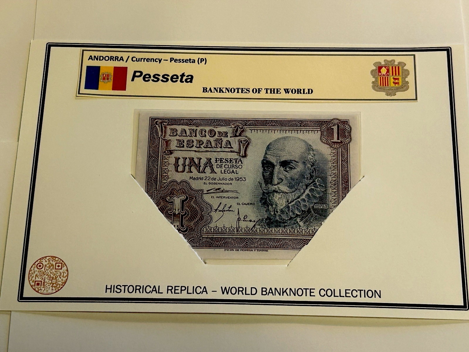 ANDORRA / LAMINATED HISTORICAL REPLICA PRINT – (P) 1 PESSETA NOTE