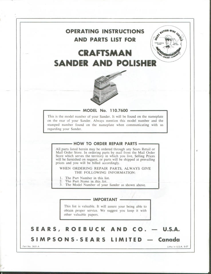 Sears Craftsman Sander Polisher 110.7600 1957 manual