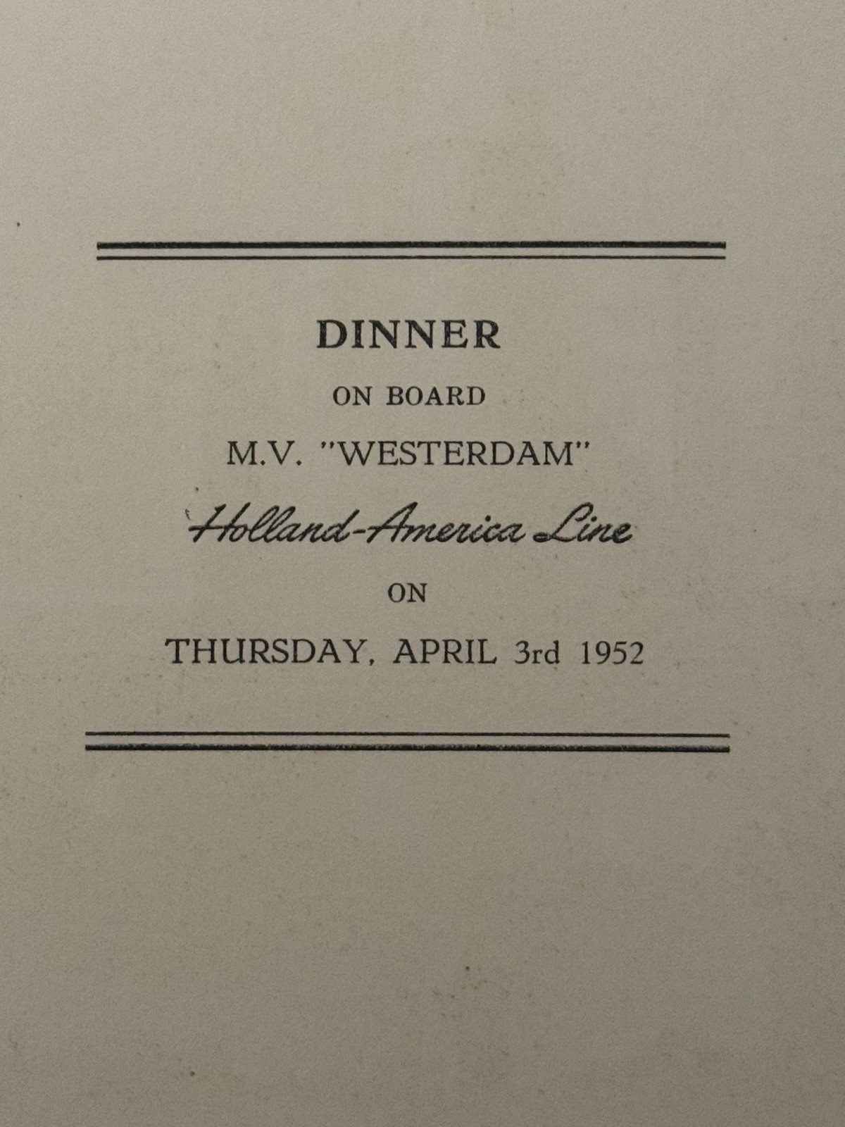 Vintage 1952 Dinner Menu Holland American Cruise Line April 3rd 1952