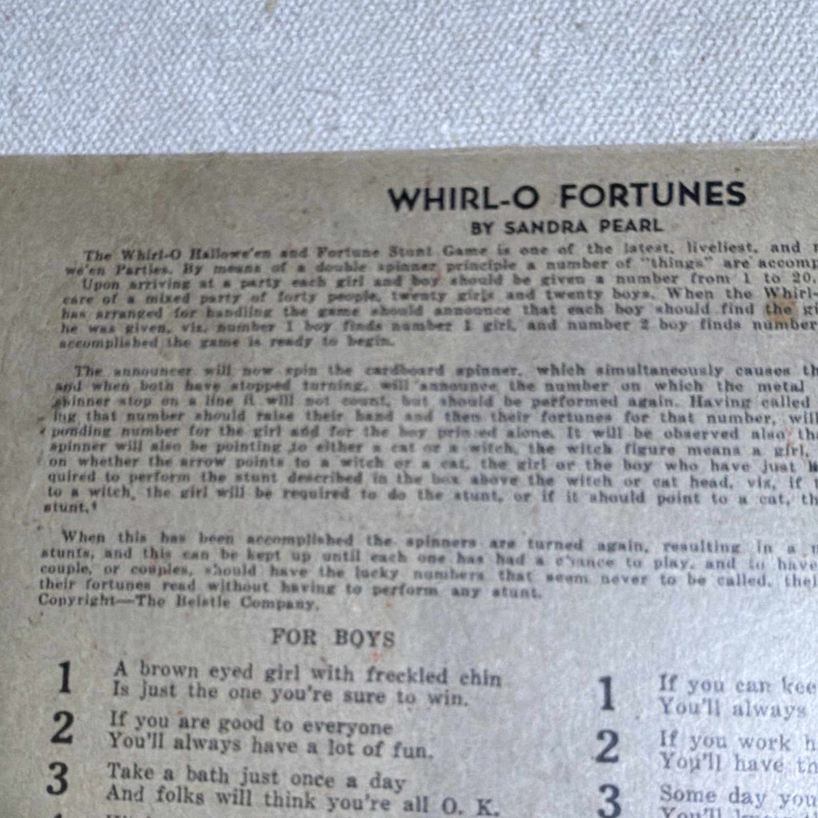 Halloween Fortune & Stunt Game “Whirl-O Fortunes” by Sandra Pearl Paper Sheet