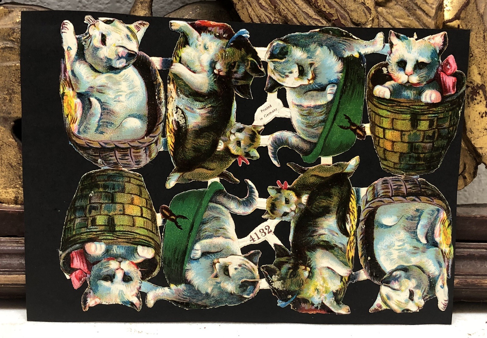 Black Cats & Cats in Basket Die Cut Scraps Glued on Paper Double Sided L4