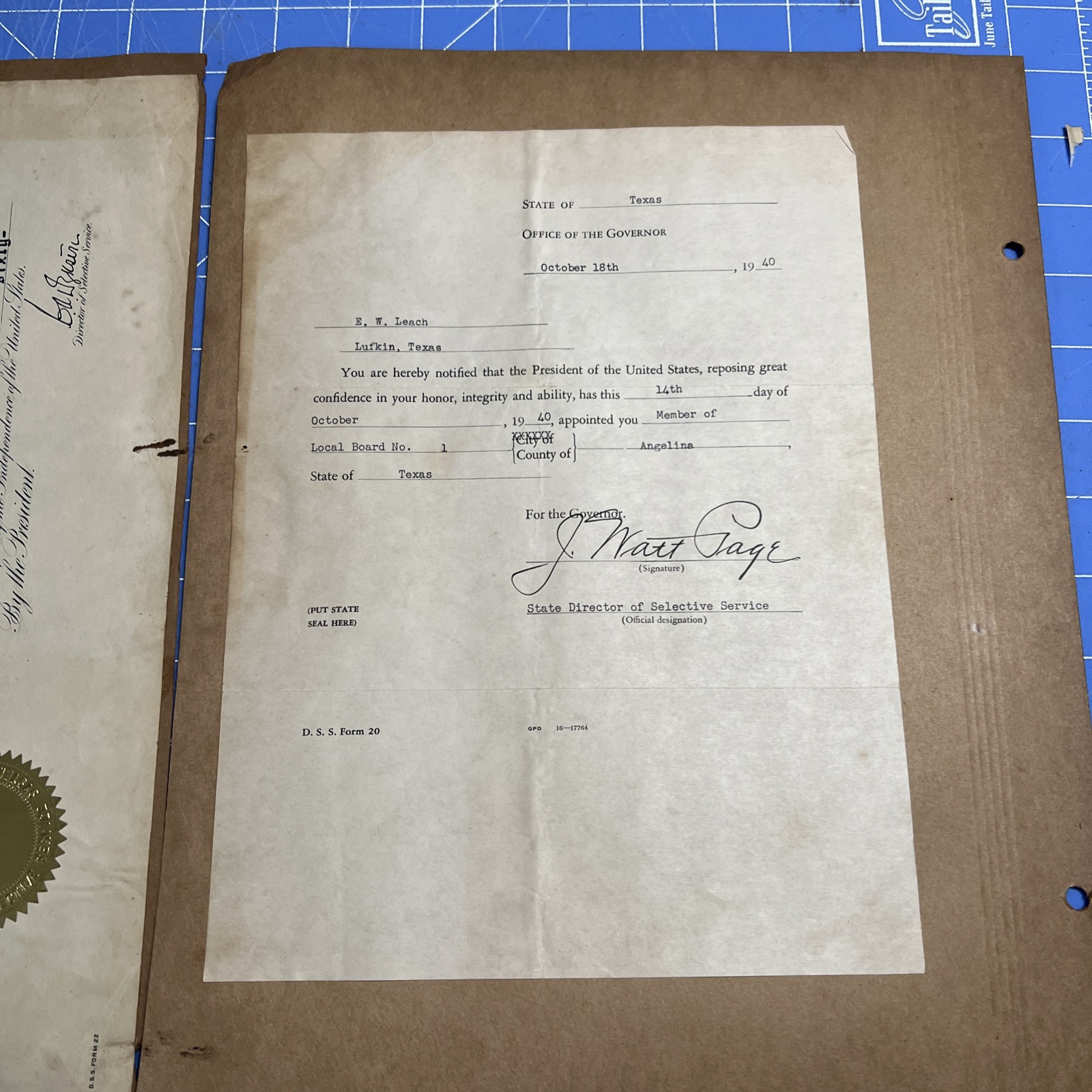 1940s Document WWII Local Board Appointment Selective Service Lufkin Texas