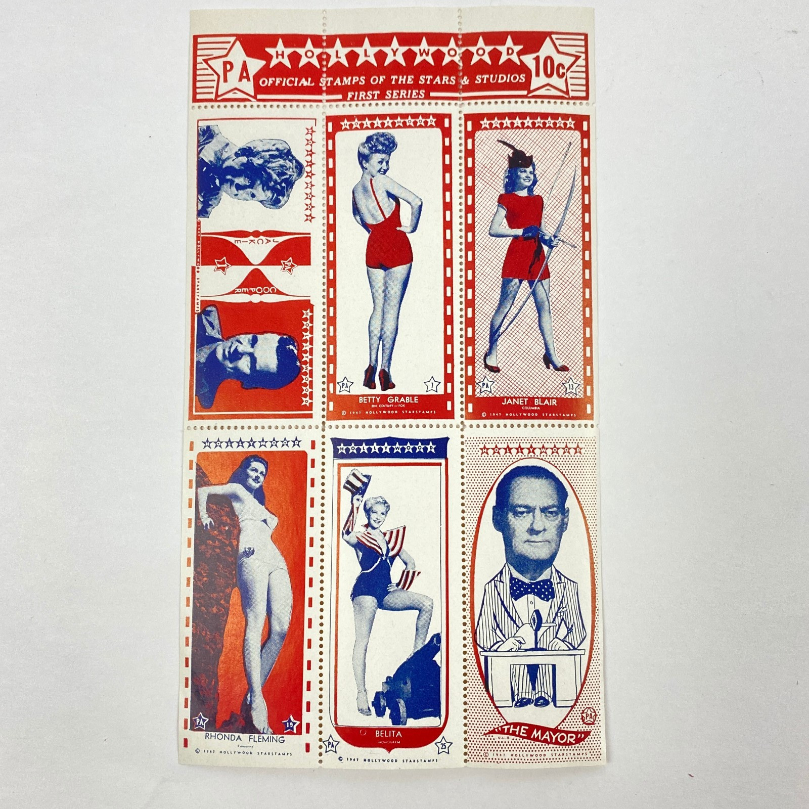 1947 Hollywood Starstamps Sheet Betty Grable Rhonda Fleming Janet Blair VTG