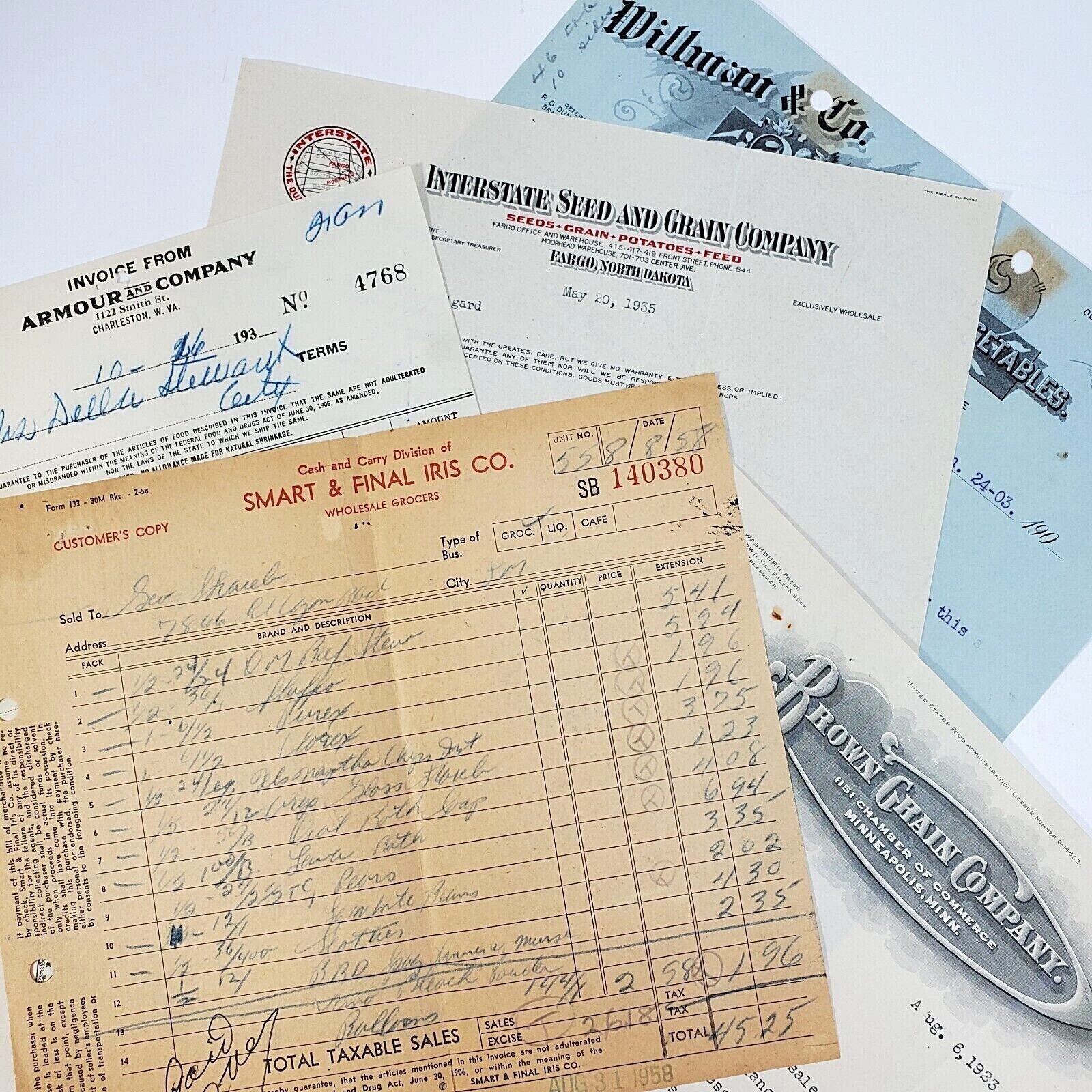 c1900’s-50’s (5) Assorted Letterheads & Invoices Armour Co Grain Smart & Final