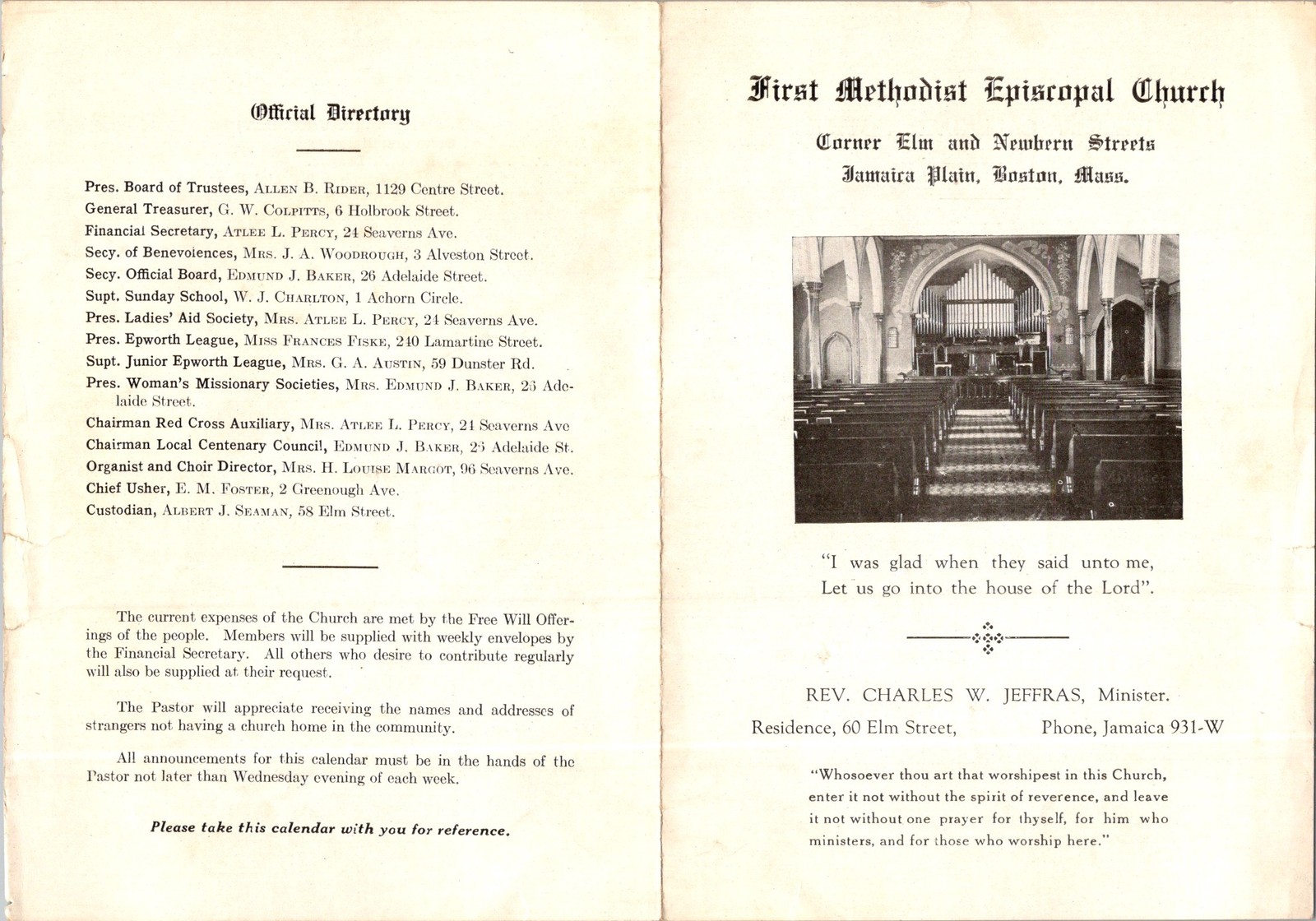 First Meth Episc Church Jamaica Plain MA Bulletin c1910 Directory