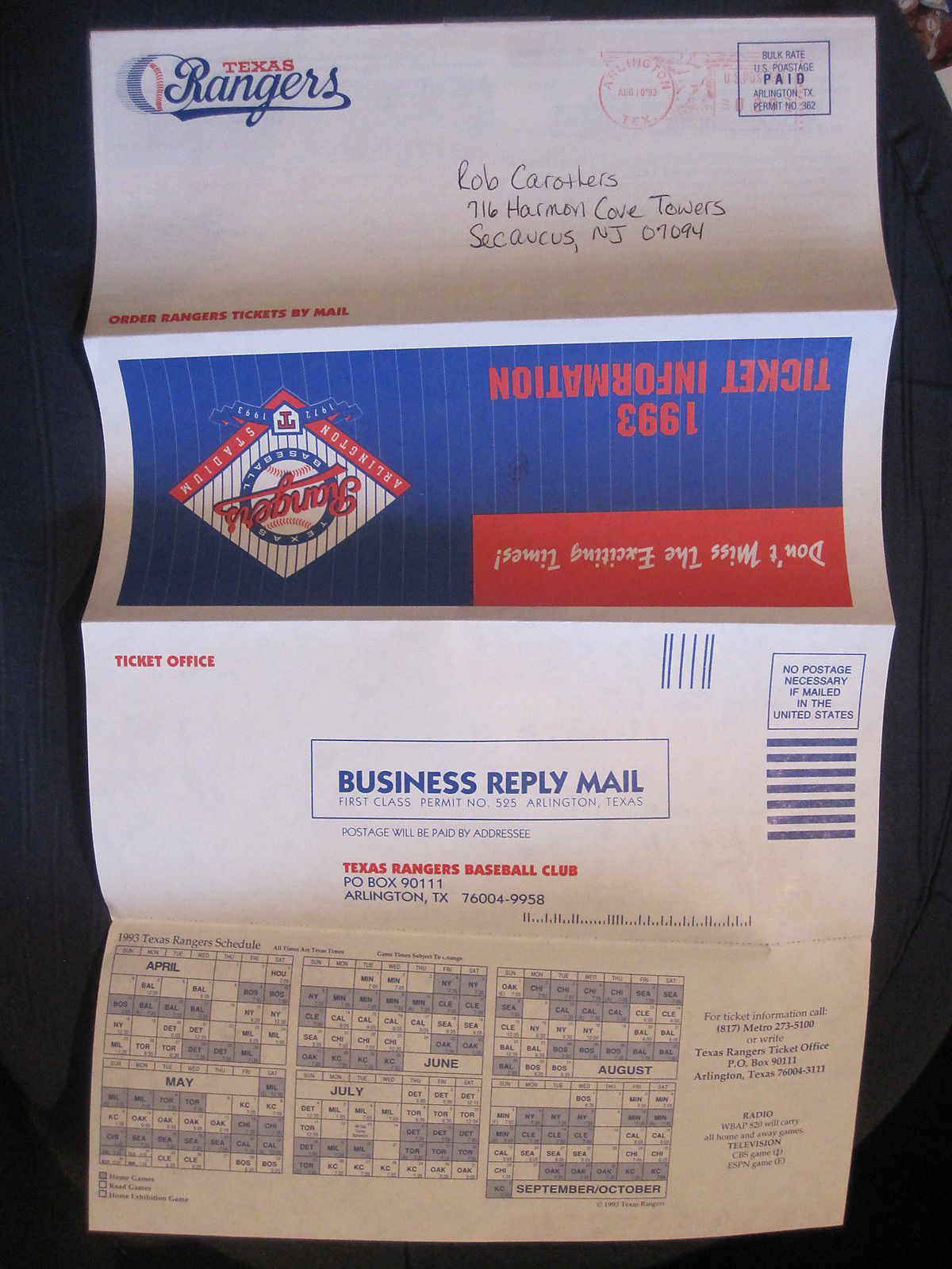 TEXAS RANGERS 1993 TICKET INFORMATION BROCHURE SCHEDULE MLB BASEBALL