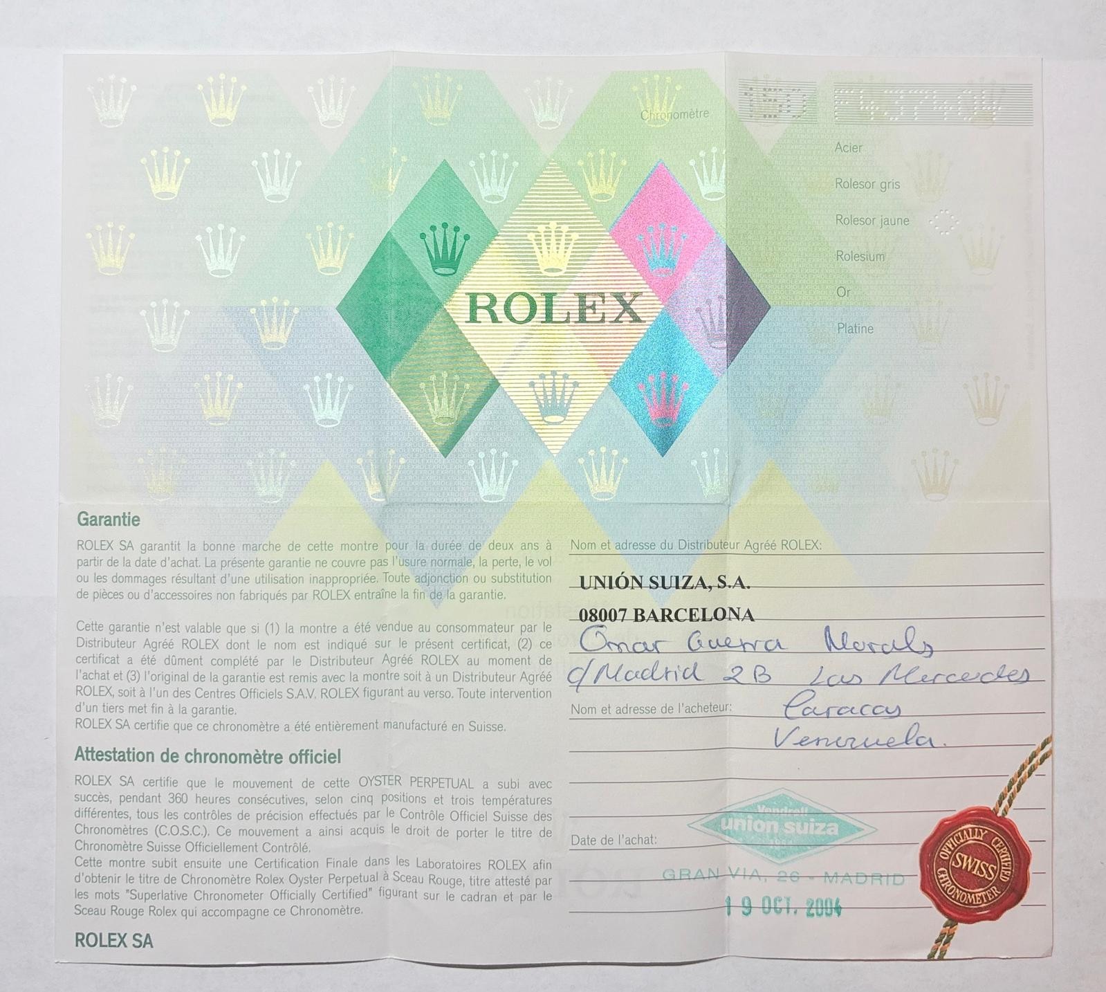 Rolex 116261 Datejust Warranty Certificate Guarantee 2004 F Serial Cert Vintage