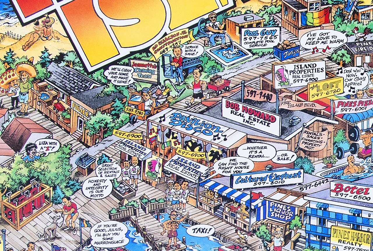 FIRE ISLAND EAST – CHERRY GROVE / PINES Long Island Illustrated Cartoon Map 1994