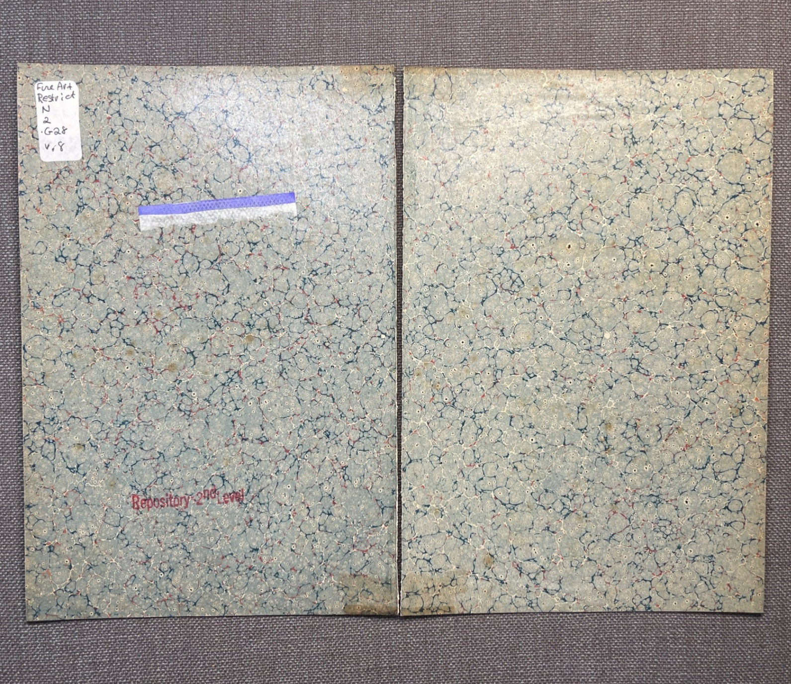 Antique Marbled End Papers Pair Bookbinding Blue Red White