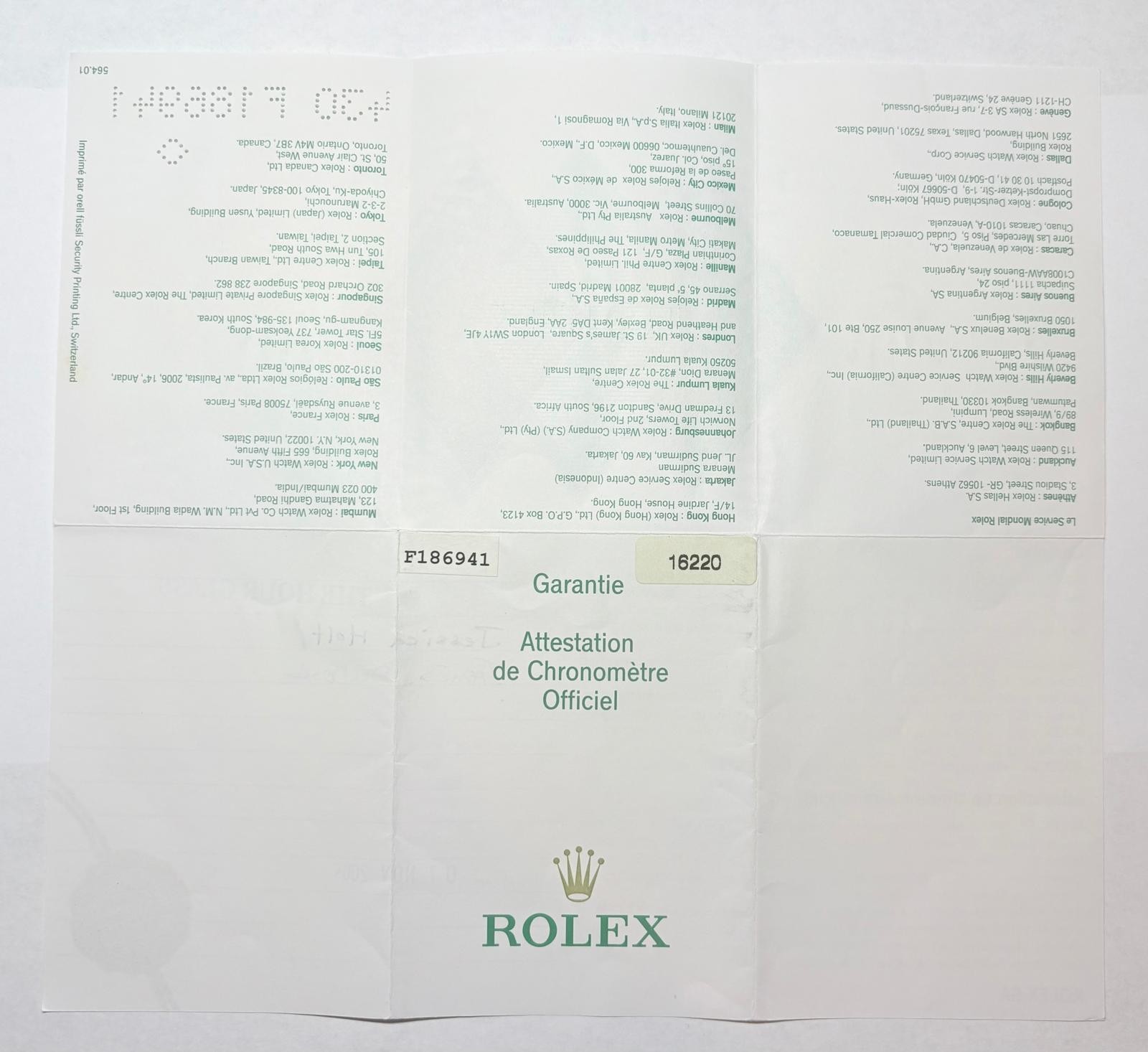 Authentic Rolex 16220 Datejust Warranty Certificate Guarantee 2000s F Serial