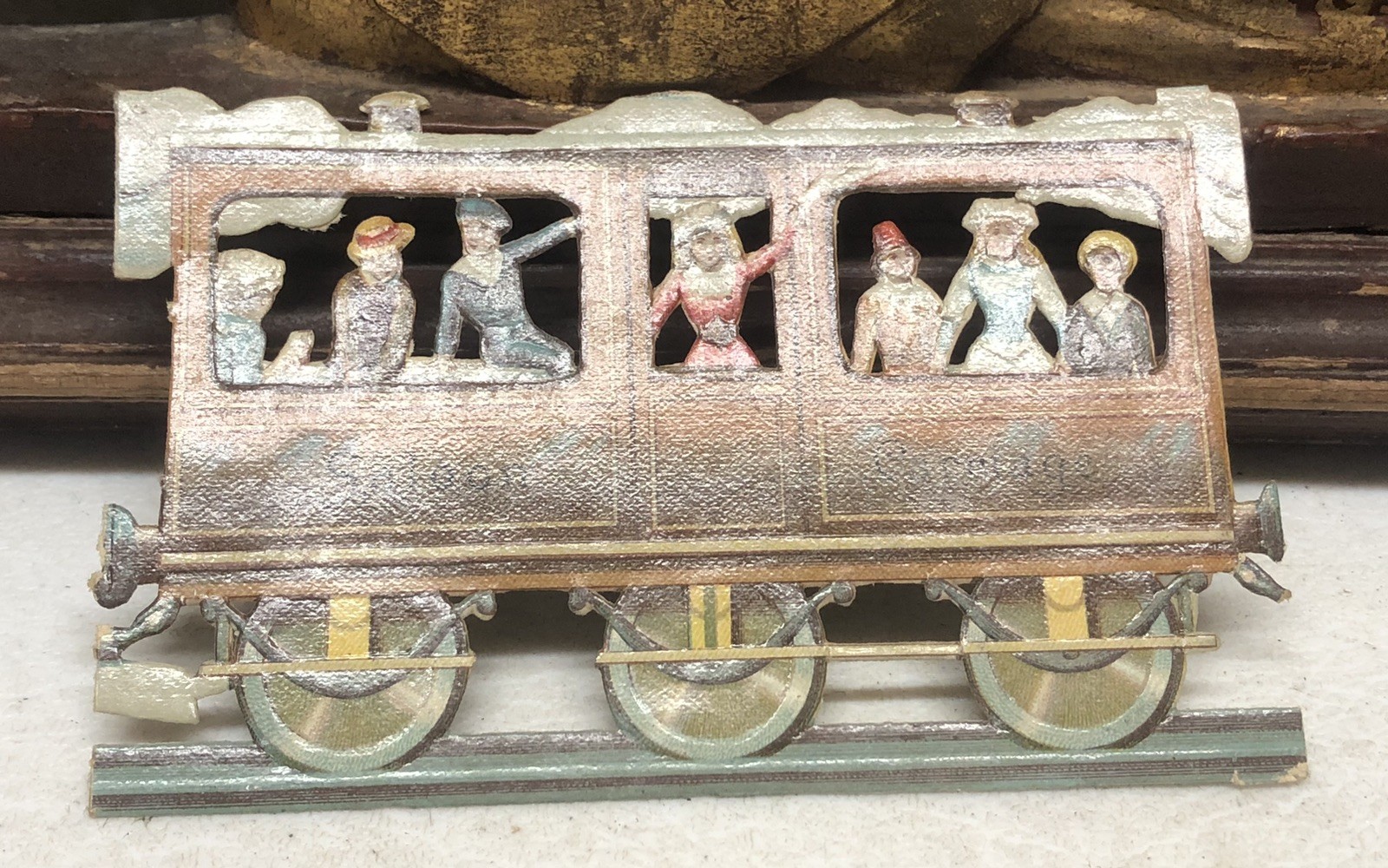 Victorian Die Cut “Saloon Carriage” Brown Train Car Scrap L2