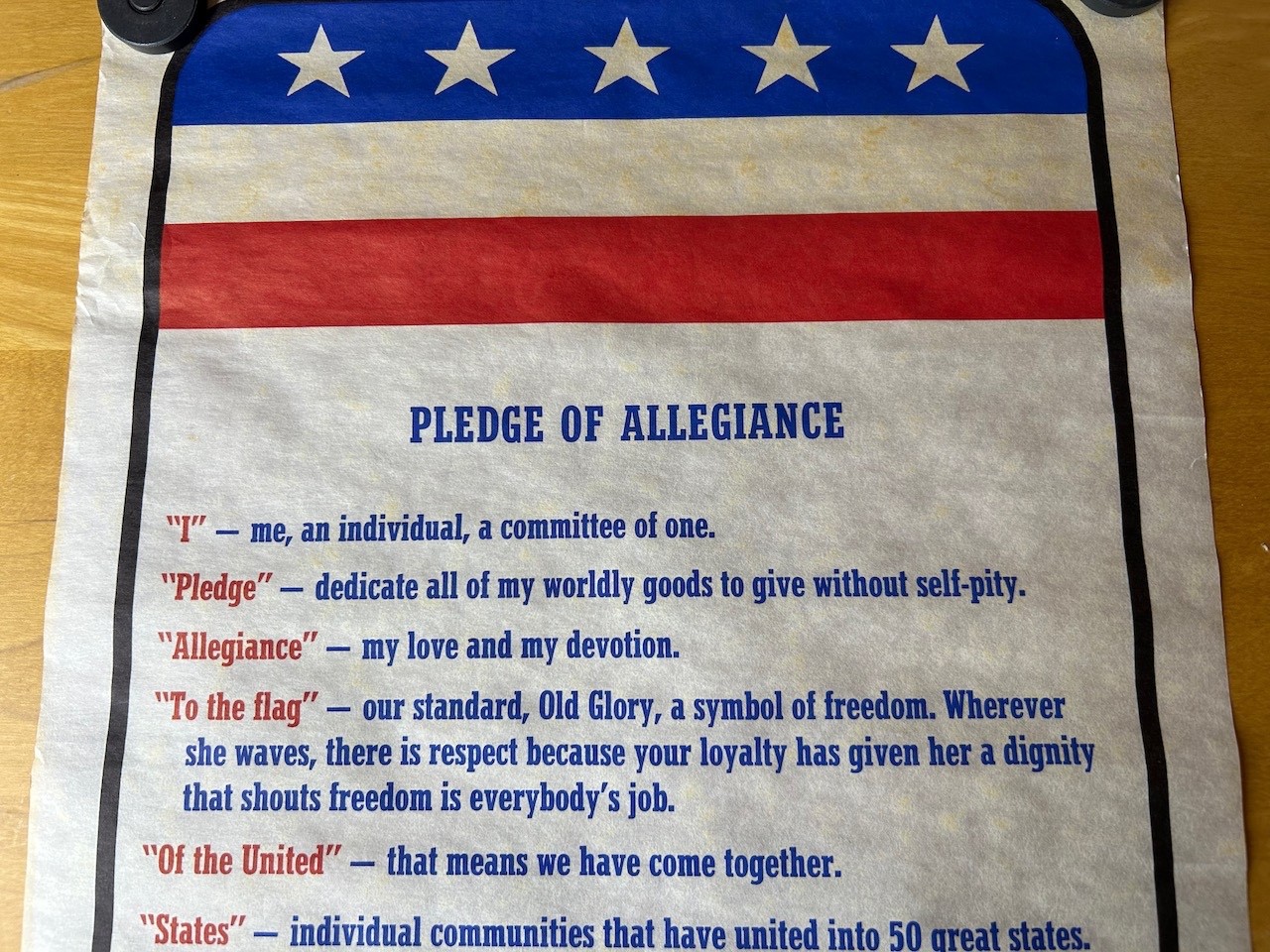 Vintage Pledge of Allegiance Scroll with Red, White, & Blue Storage Tube