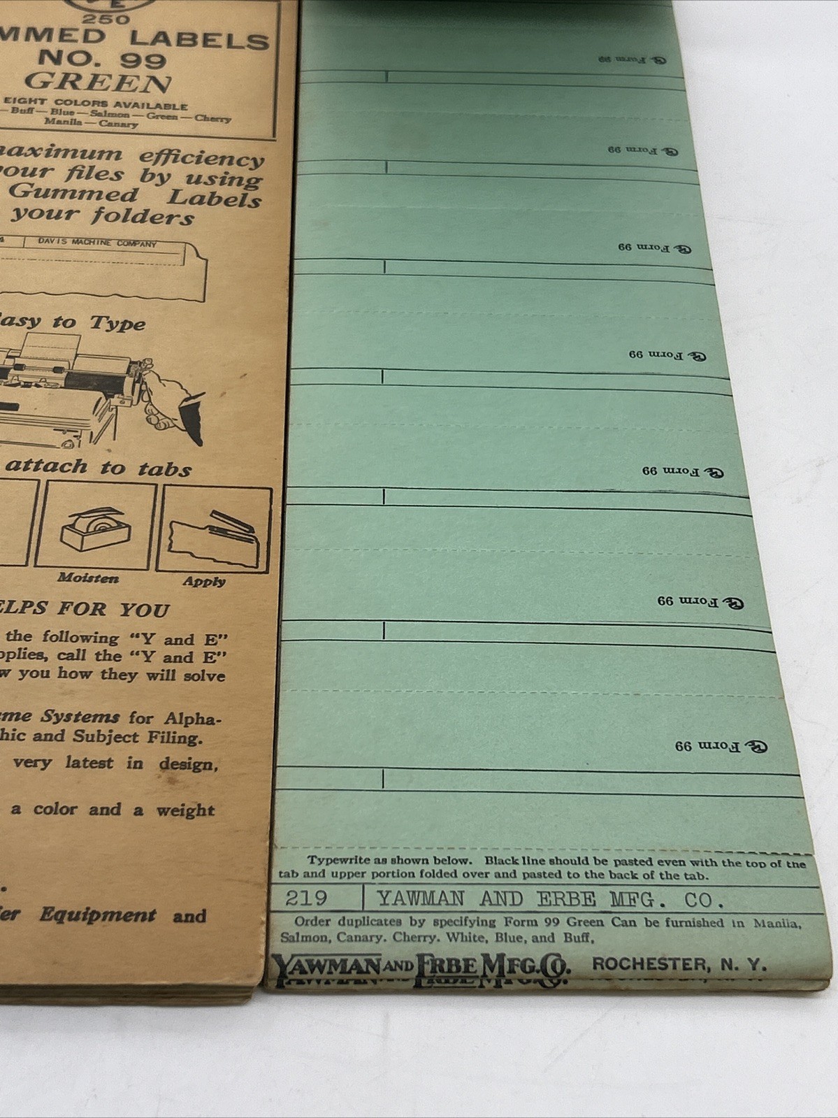 3 Vintage Packs Of Y&E Gummed Labels No. 99 Green & Blue Typewriter Sheets RARE