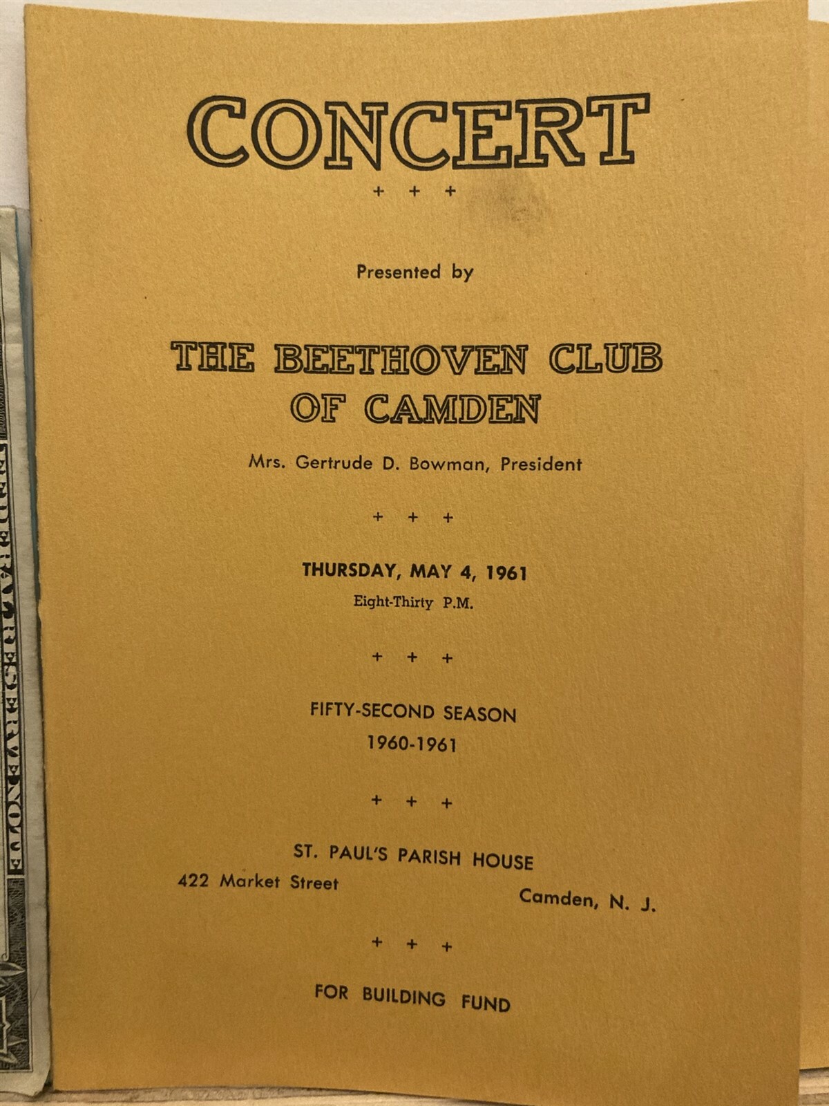 1961 May 4 Beethoven Club of Camden St. Paul’s Concert Program New Jersey NJ Vtg