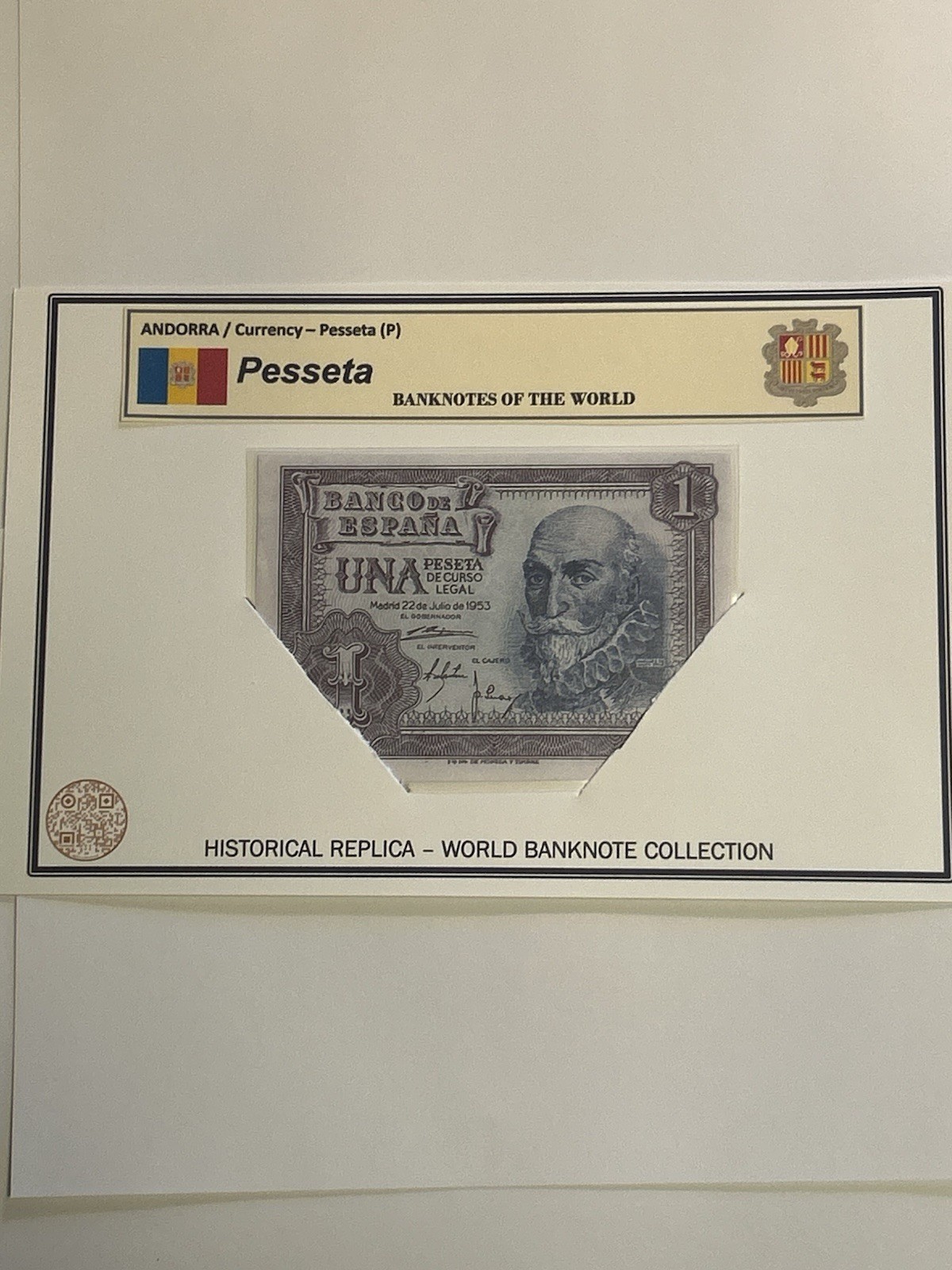 ANDORRA / LAMINATED HISTORICAL REPLICA PRINT – (P) 1 PESSETA NOTE