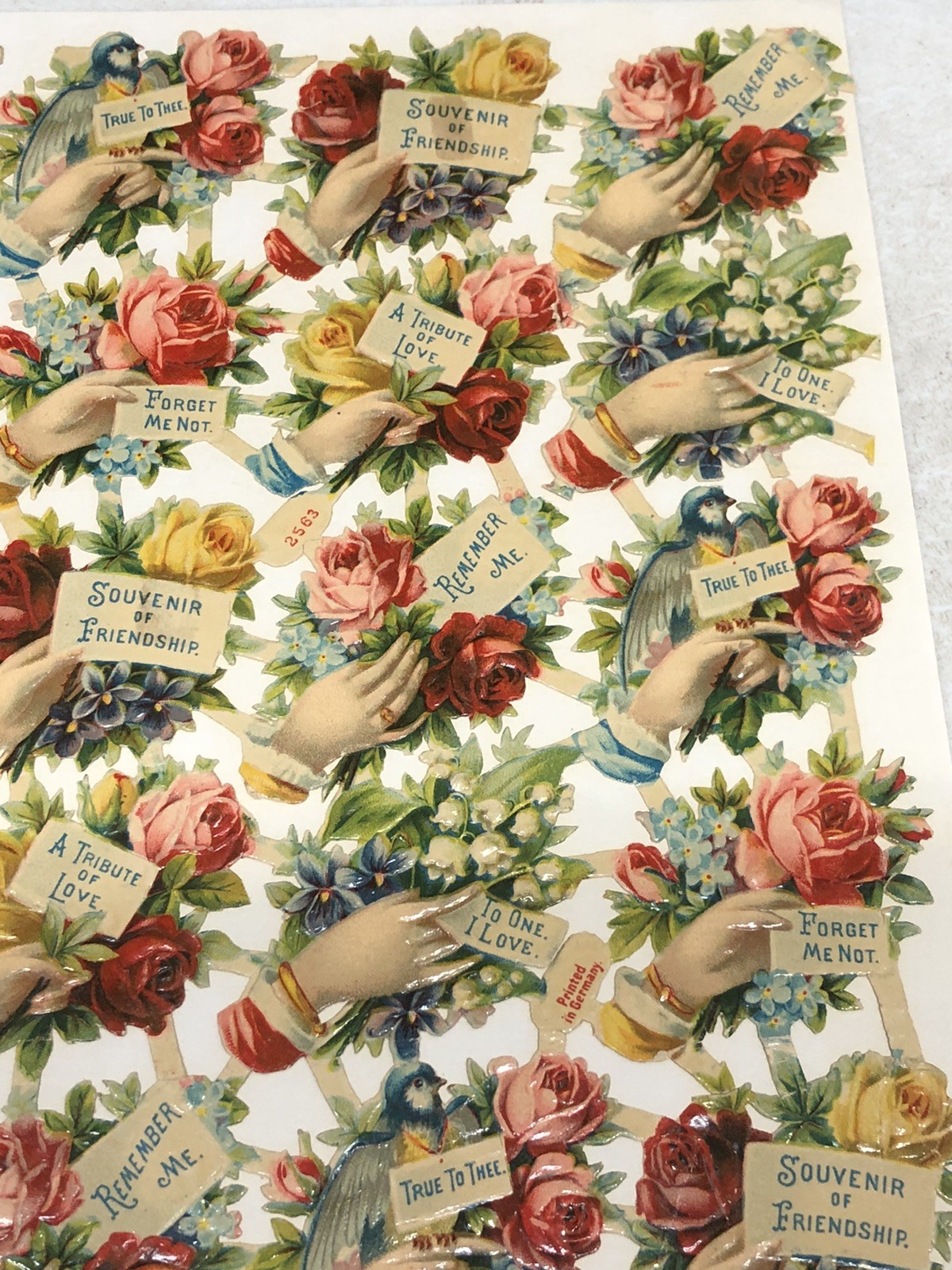 Victorian Die Cut M&S #2563 Floral Hand w/ Nice Message Scrap glued on Paper L12
