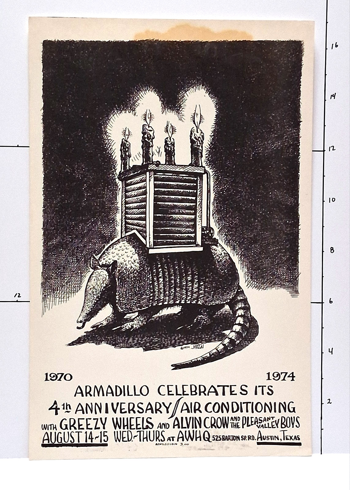 AWHQ 4th Birthday @ Armadillo World Headquarters; 1974 ~ Jim Franklin; 11″ x 17″