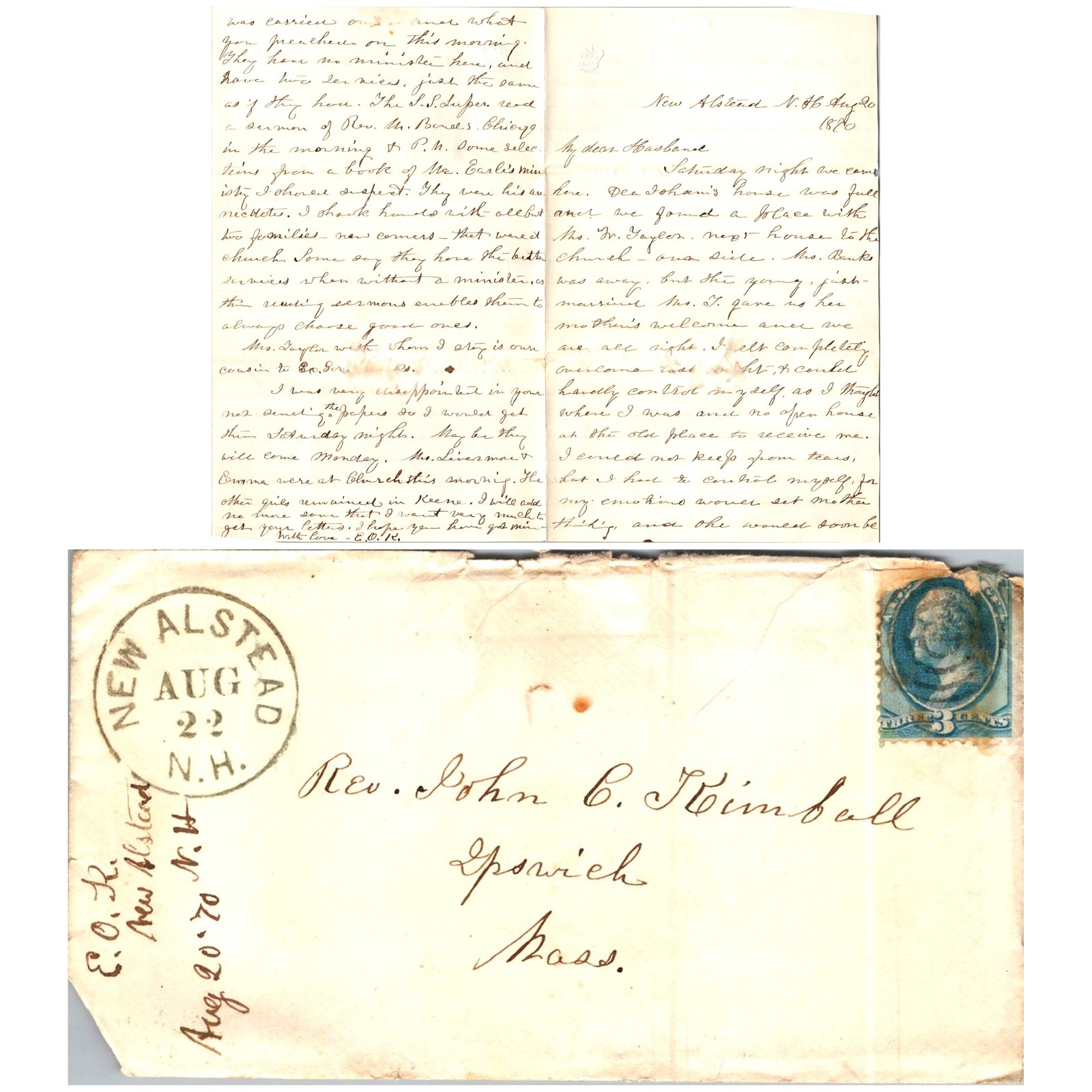 1870 Letter & Envelope from New Alstead NH to Rev. John C. Kimball Ipswich MA