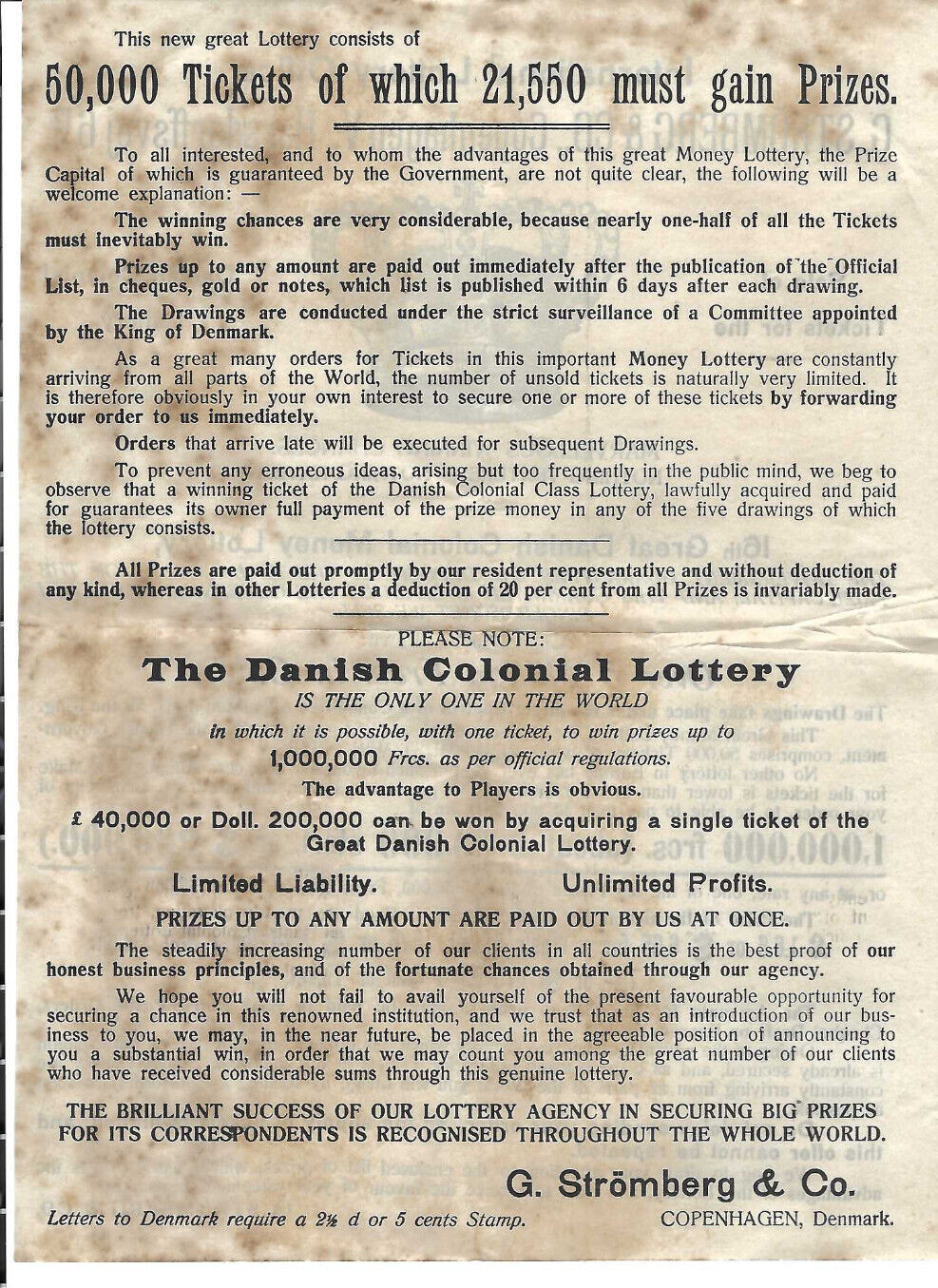 VTG 1914 ‘GREAT DANISH COLONIAL MONEY LOTTERY’ ADVERTISING BROCHURE~WIN $200,000