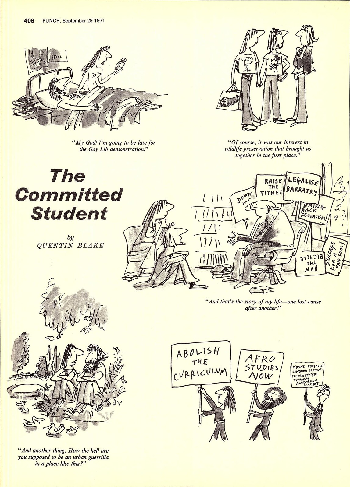 1971 Punch Cartoon Page ‘THE COMMITTED STUDENT’ Original Quentin Blake Print