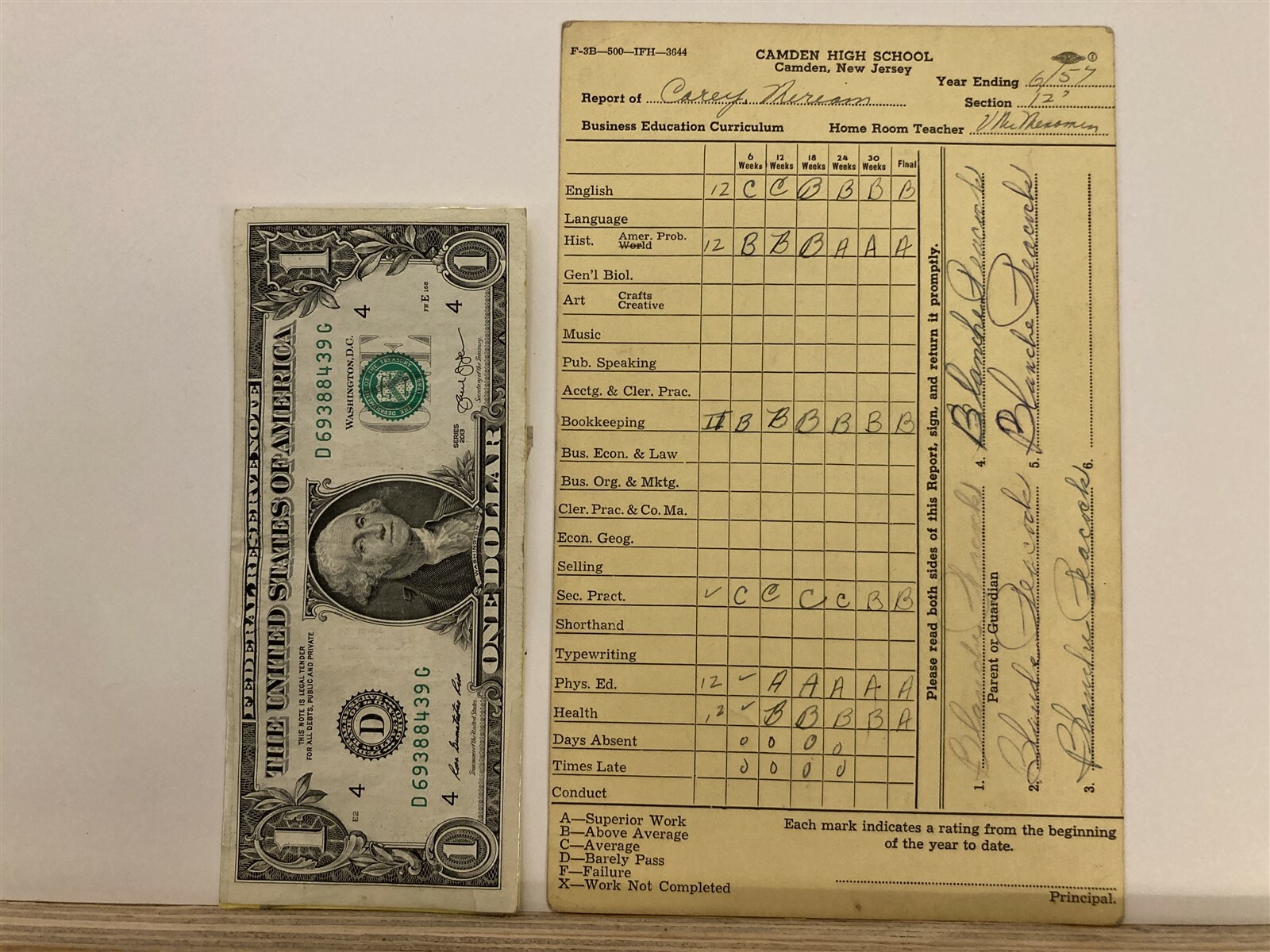 1957 Camden High School Report Card New Jersey NJ Vtg