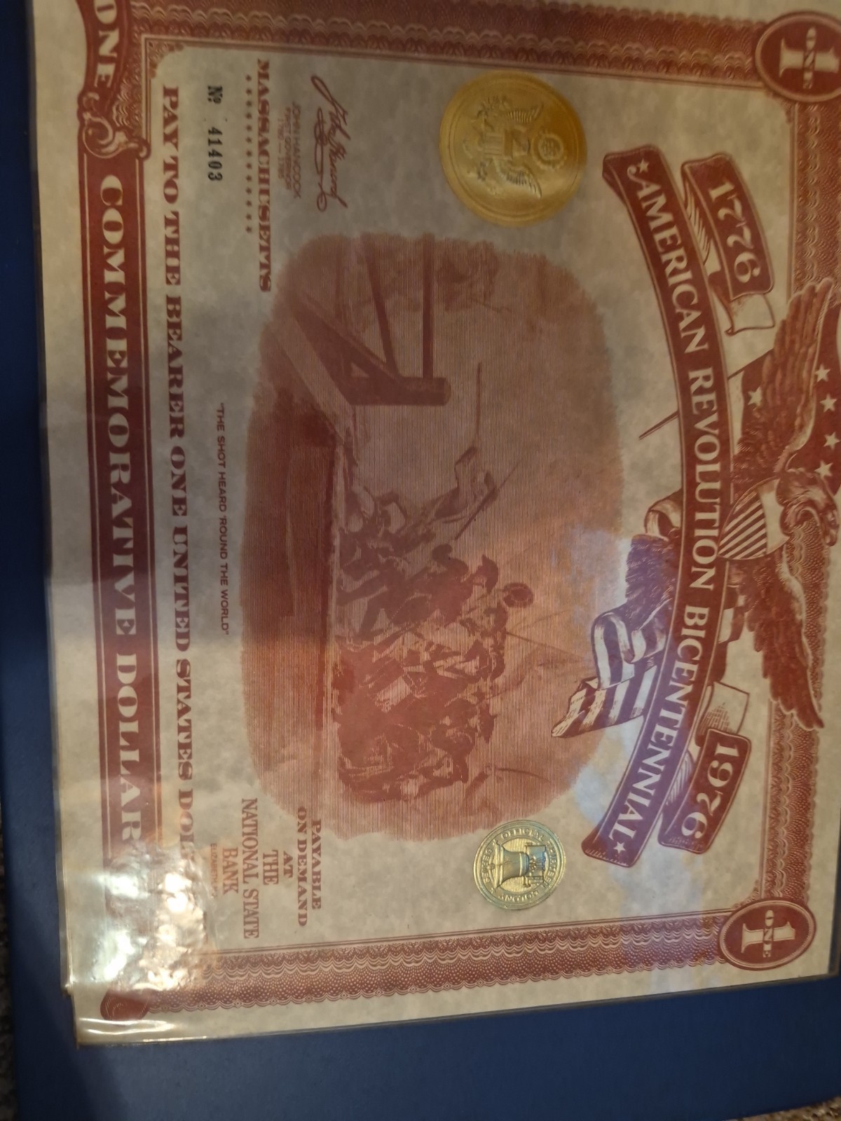 American Revolution Bicentennial Commemorative Dollar Certificate NY 1976