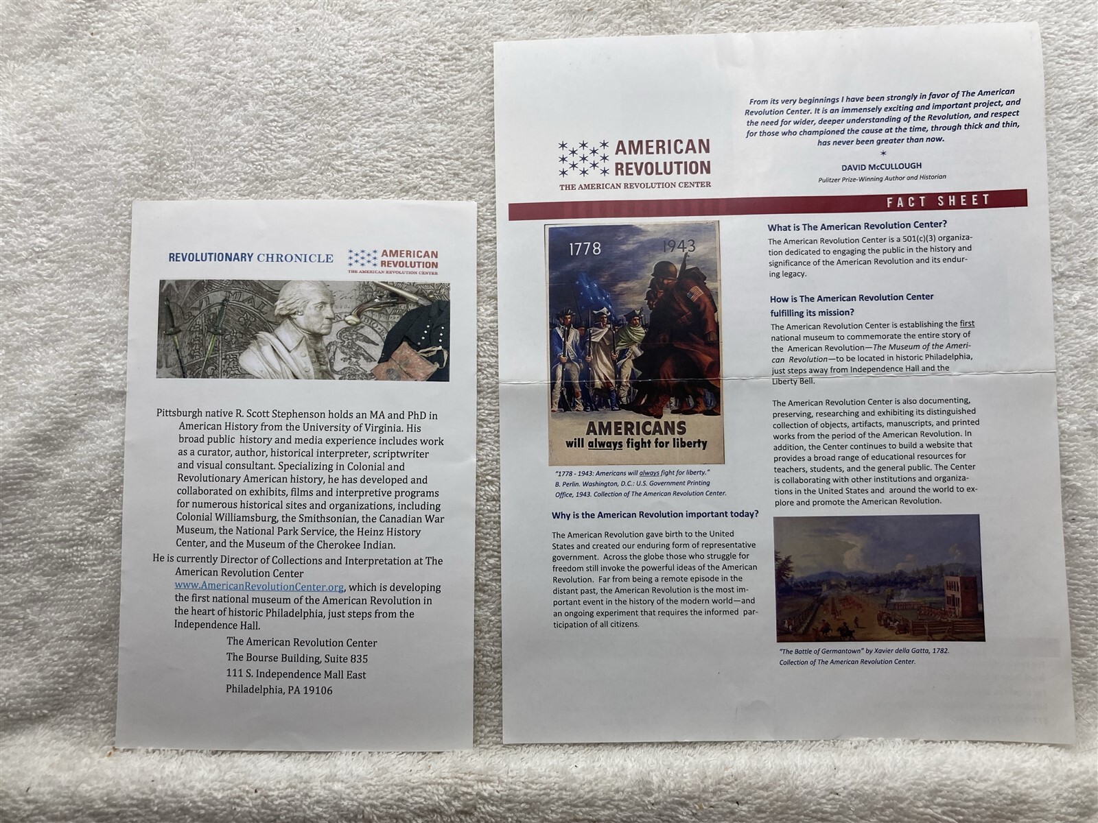 2000’s American Revolution Center Philadelphia PA Fact Sheet Vtg