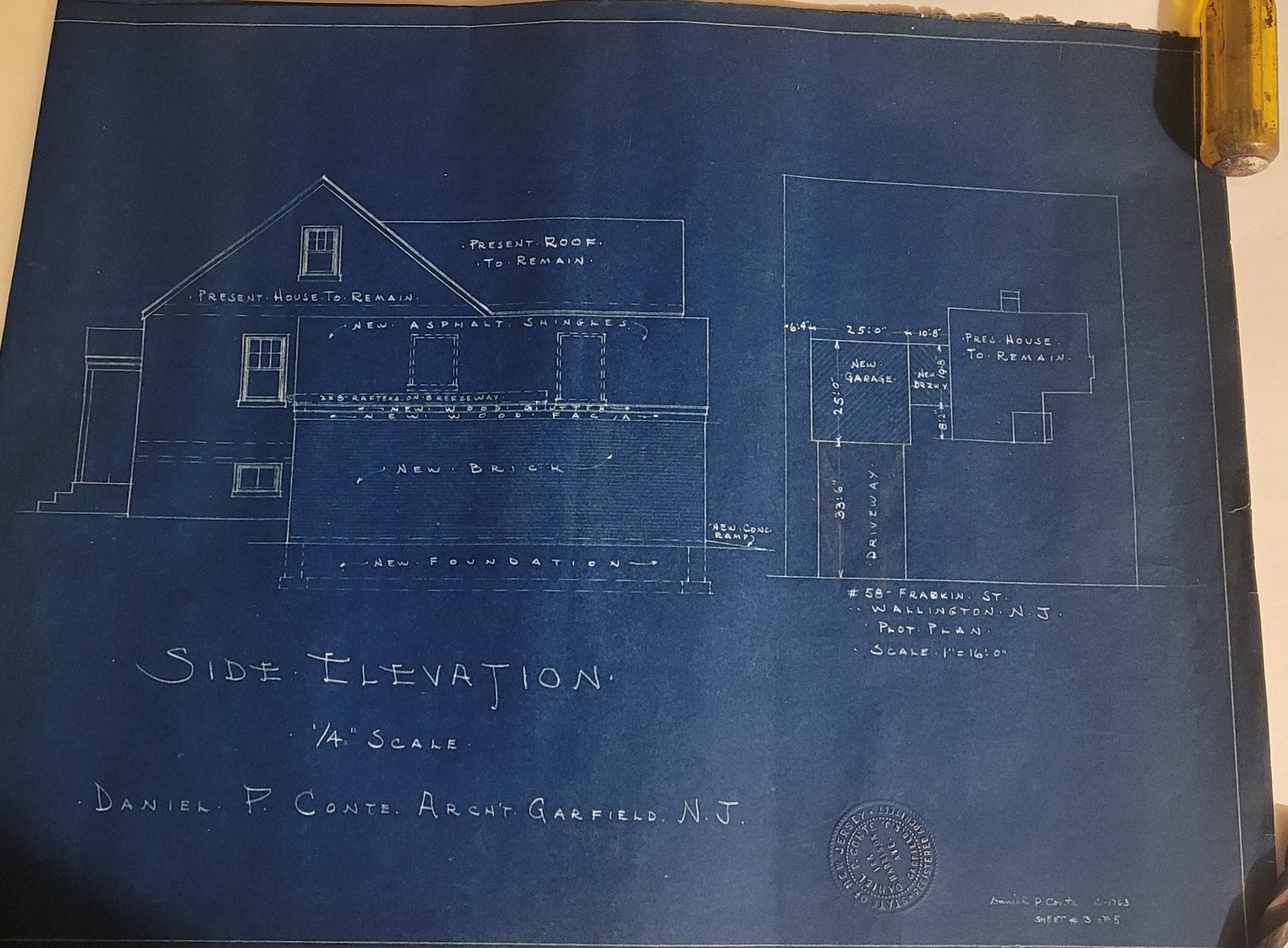 1960s ARCHITECTURAL BLUEPRINTS by Daniel P. Conte, New Jersey Complete Set Of 5