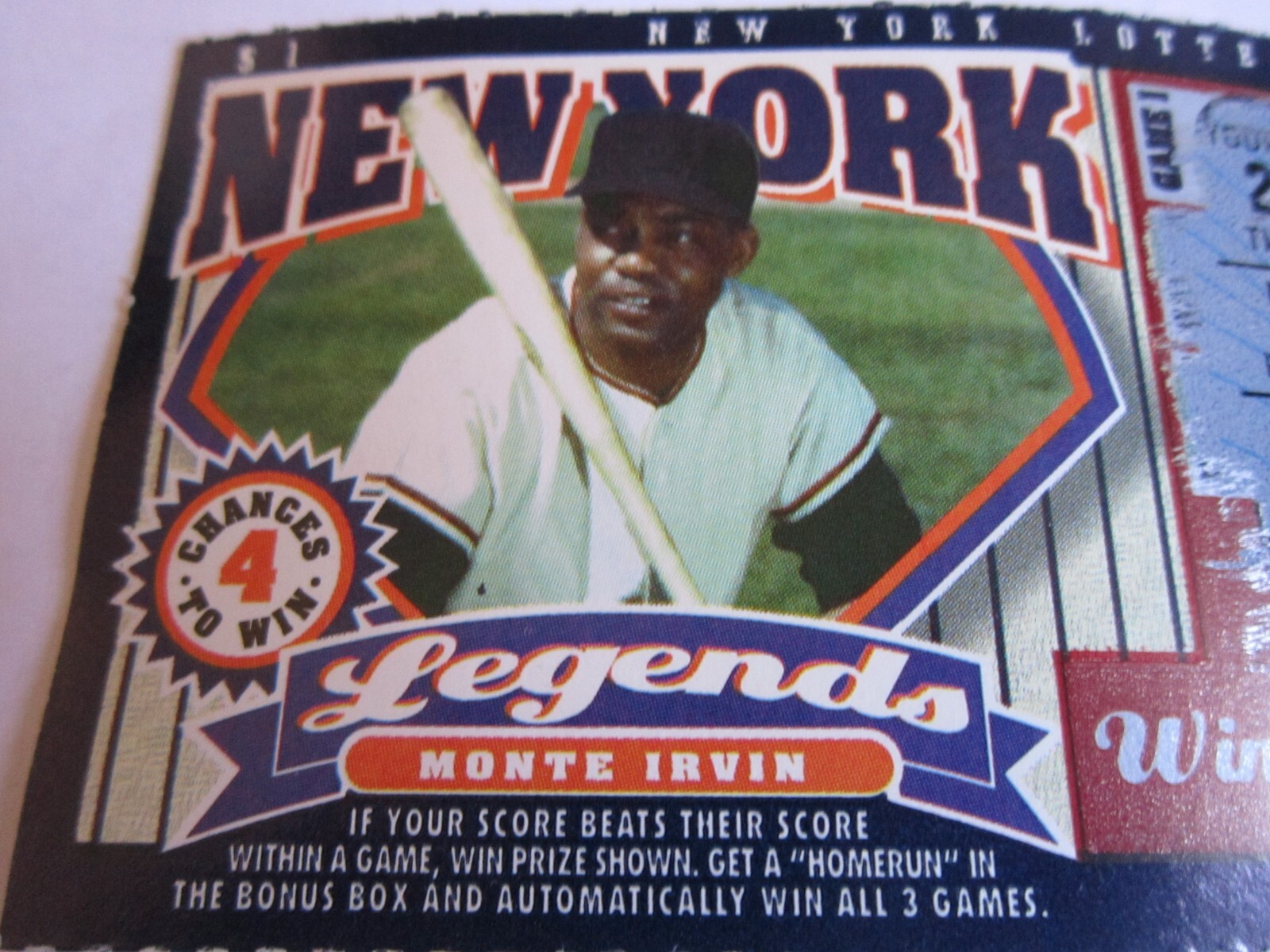 EXPIRED NY Lottery Ticket Baseball New York Legends Monte Irvin Negro Leagues