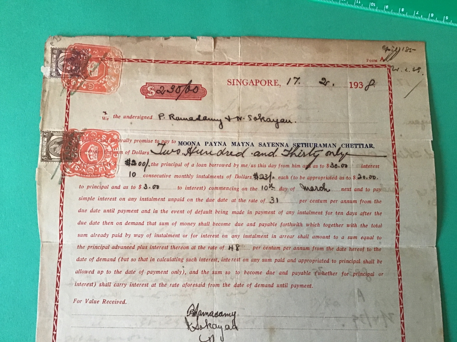 Singapore 1938 Large Document & Revenue stamps Folded Ref R28380