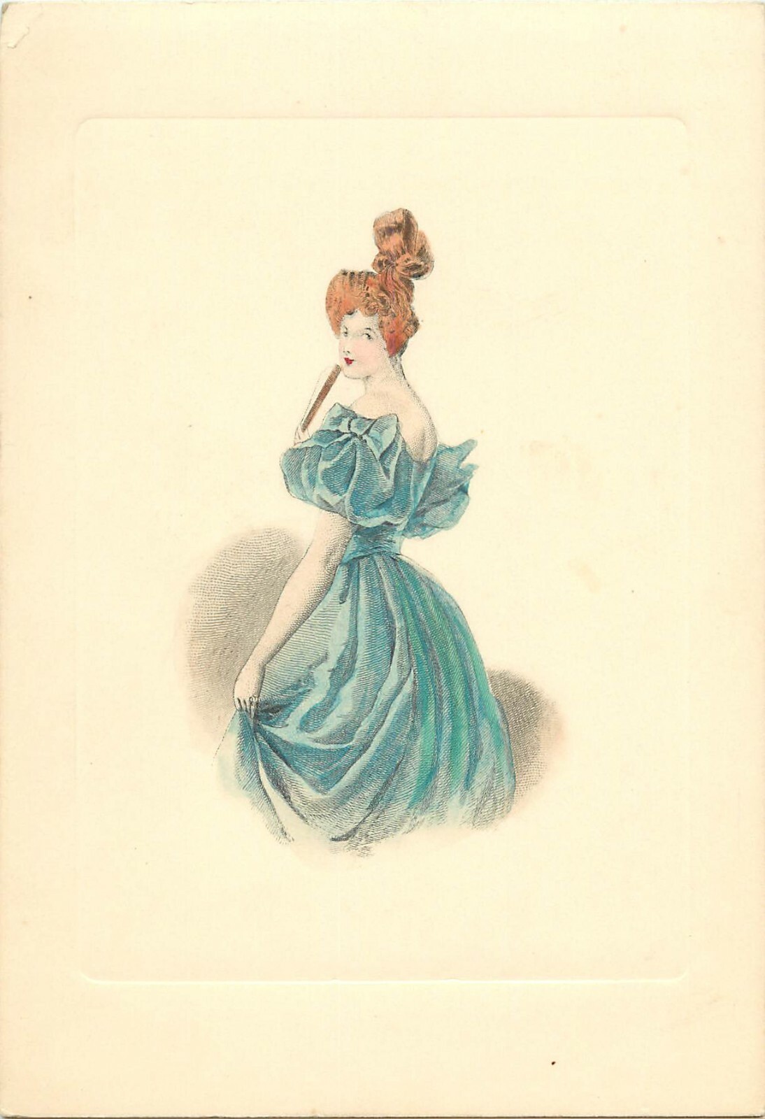 Vintage 19th Century Hand-Colored Fashion Engraving Card, Redhead Lady in Blue