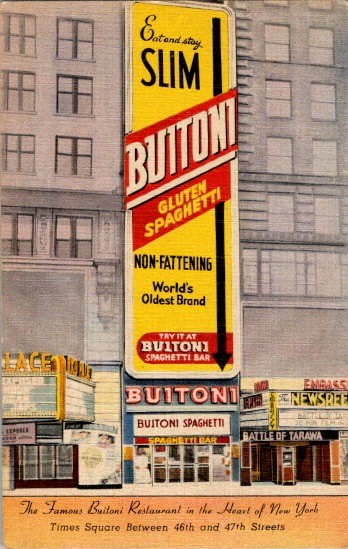Buitoni Spaghetti Bar Postcard Times Square NYC 1943 Eat Slim Non Fattening